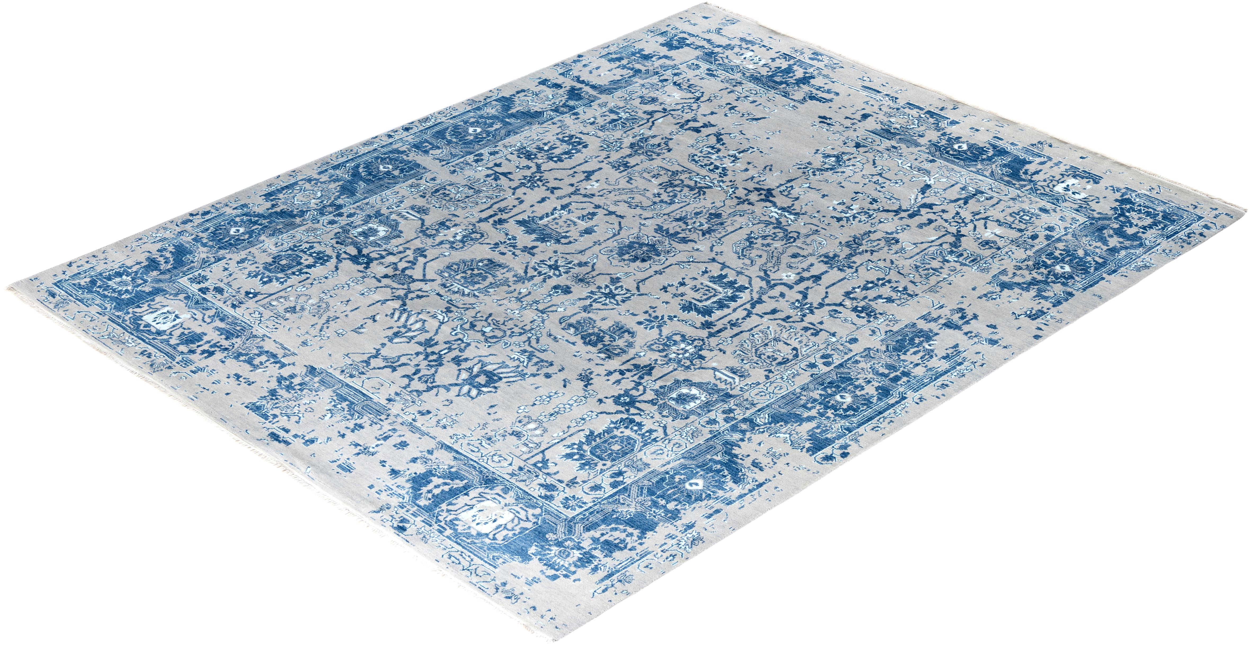 Traditioneller handgeknüpfter abstrakter Ikat-Teppich aus Seide und Wolle in Grau, 8' 2
