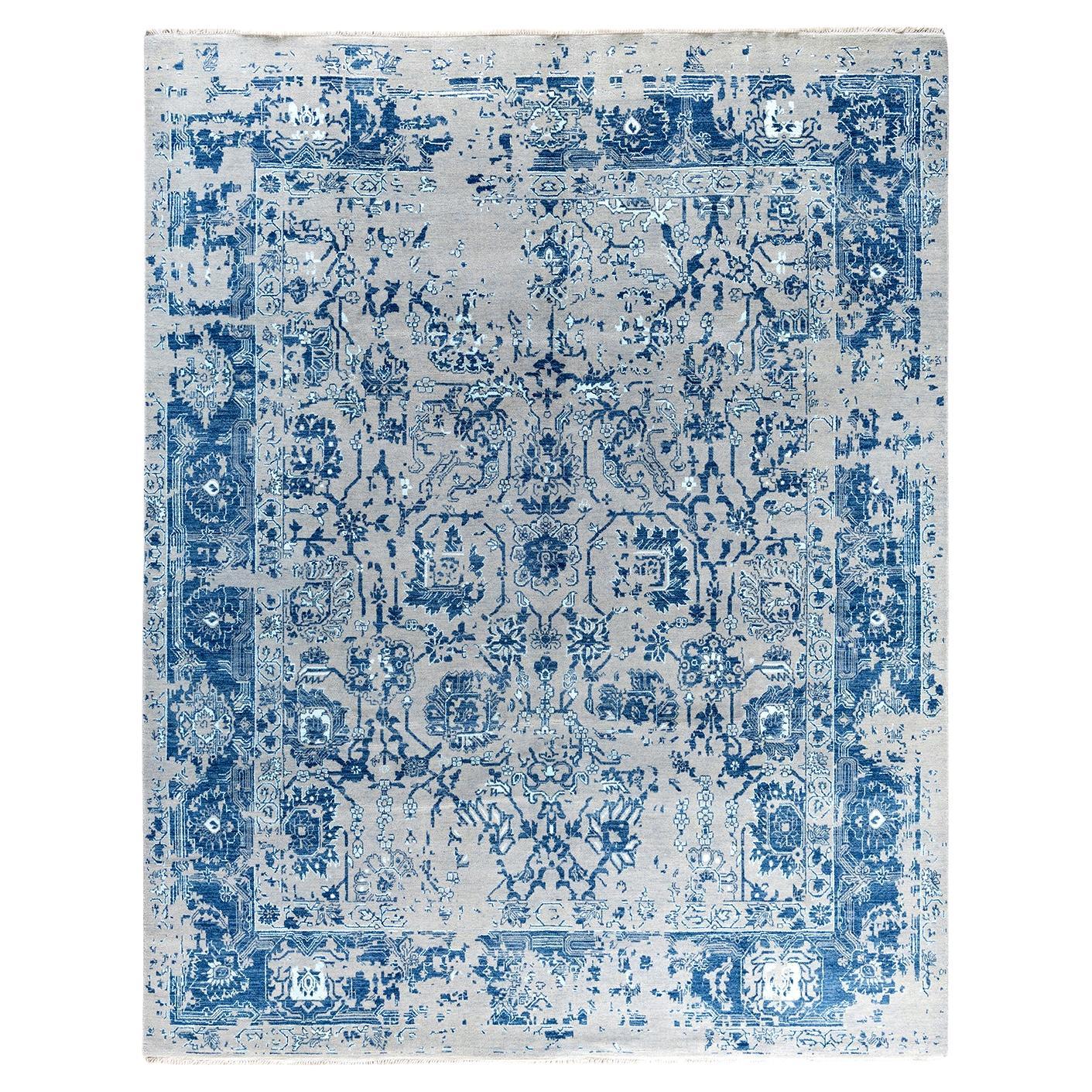 Traditioneller handgeknüpfter abstrakter Ikat-Teppich aus Seide und Wolle in Grau, 8' 2" x 10' 4"