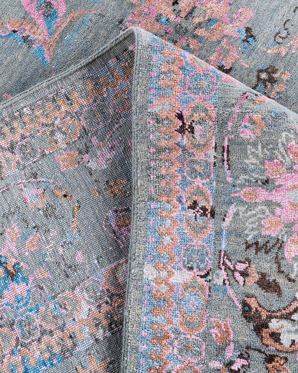 XXI secolo e contemporaneo Tappeto tradizionale Ikat annodato a mano in seta e lana grigia 8' 2