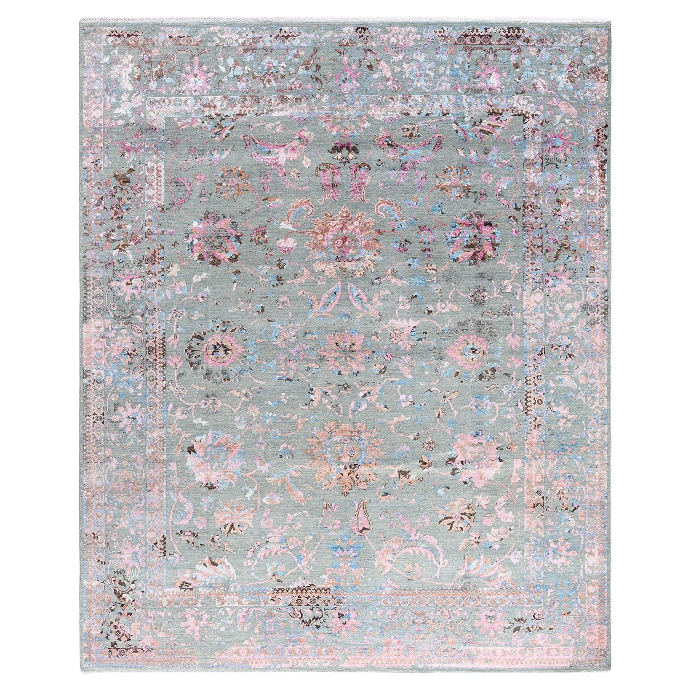 Traditional Ikat Hand Knotted Abstract Silk & Wool Gray Area Rug 8' 2" x 9' 10"