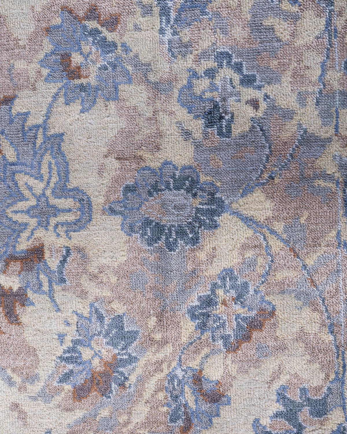 Indien Tapis traditionnel Ikat abstrait noué à la main en soie et laine grise 8' 3