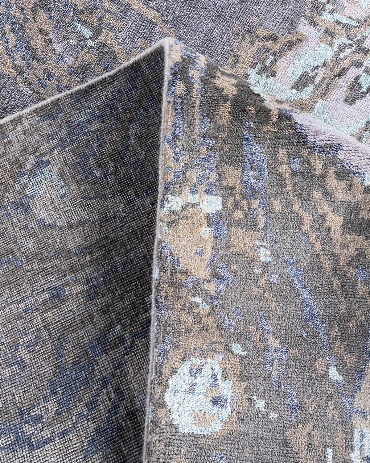 XXI secolo e contemporaneo Tappeto tradizionale Ikat annodato a mano in seta e lana grigia 8' 3