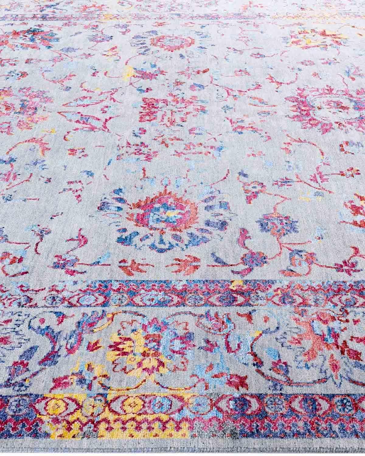 Annodato a mano Tappeto tradizionale Ikat annodato a mano in seta e lana grigia 8' 3