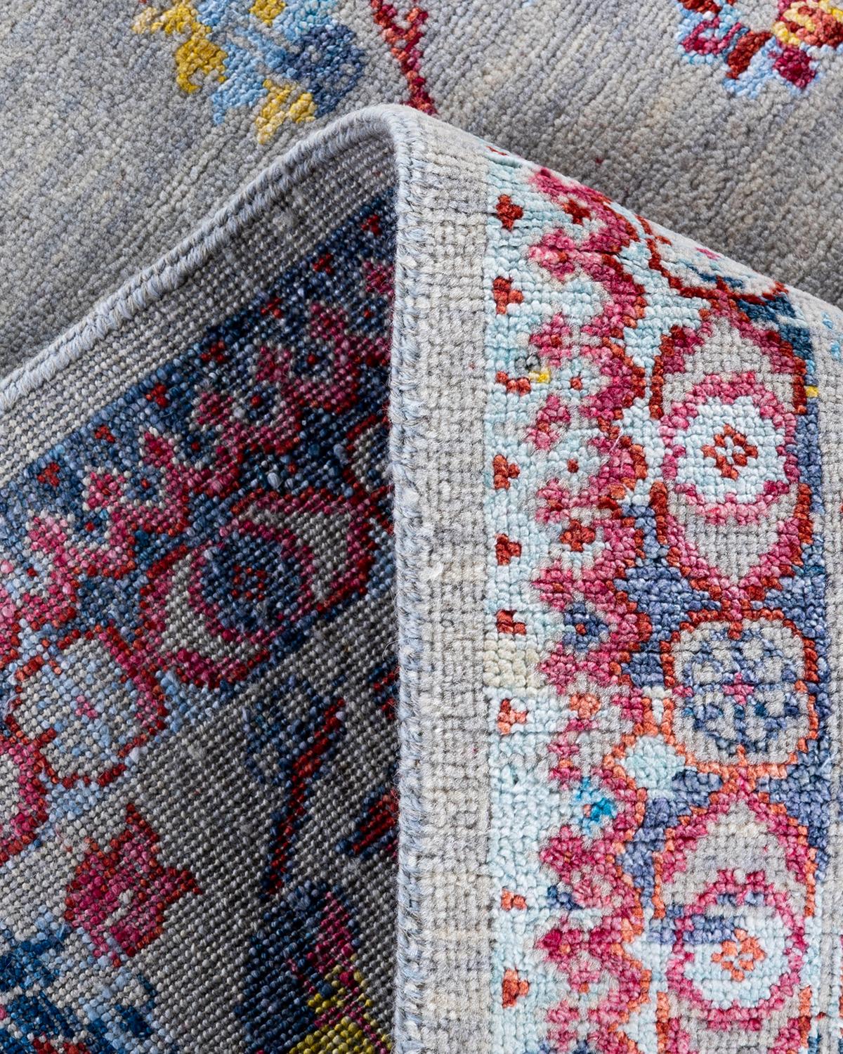 XXI secolo e contemporaneo Tappeto tradizionale Ikat annodato a mano in seta e lana grigia 8' 3