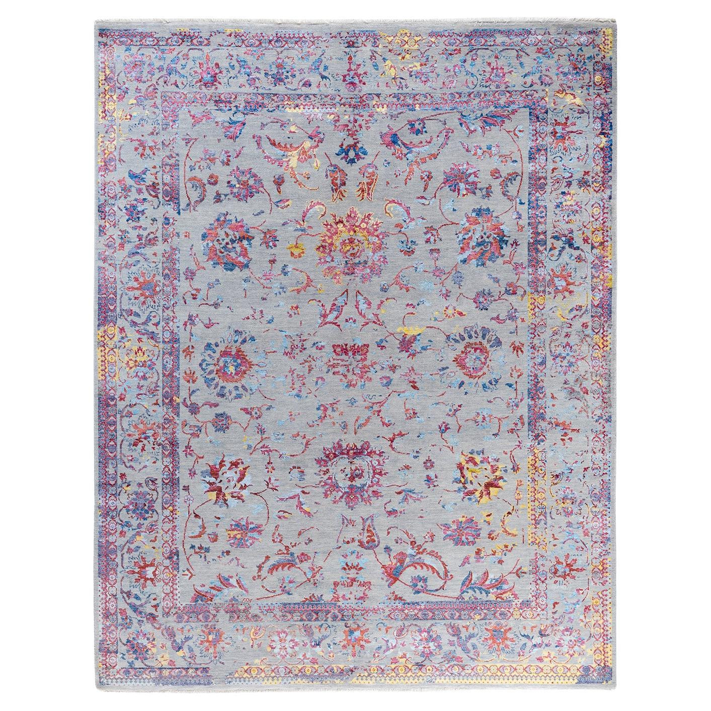 Tappeto tradizionale Ikat annodato a mano in seta e lana grigia 8' 3" x 10' 4"