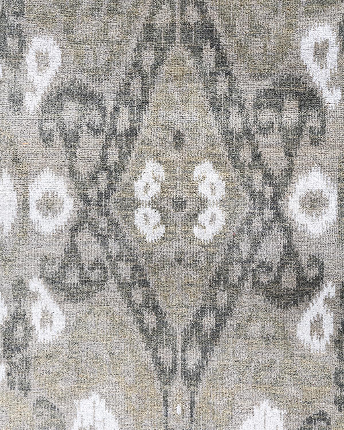 Traditioneller handgeknüpfter abstrakter Ikat-Teppich aus Seide und Wolle in Grau 9' 0