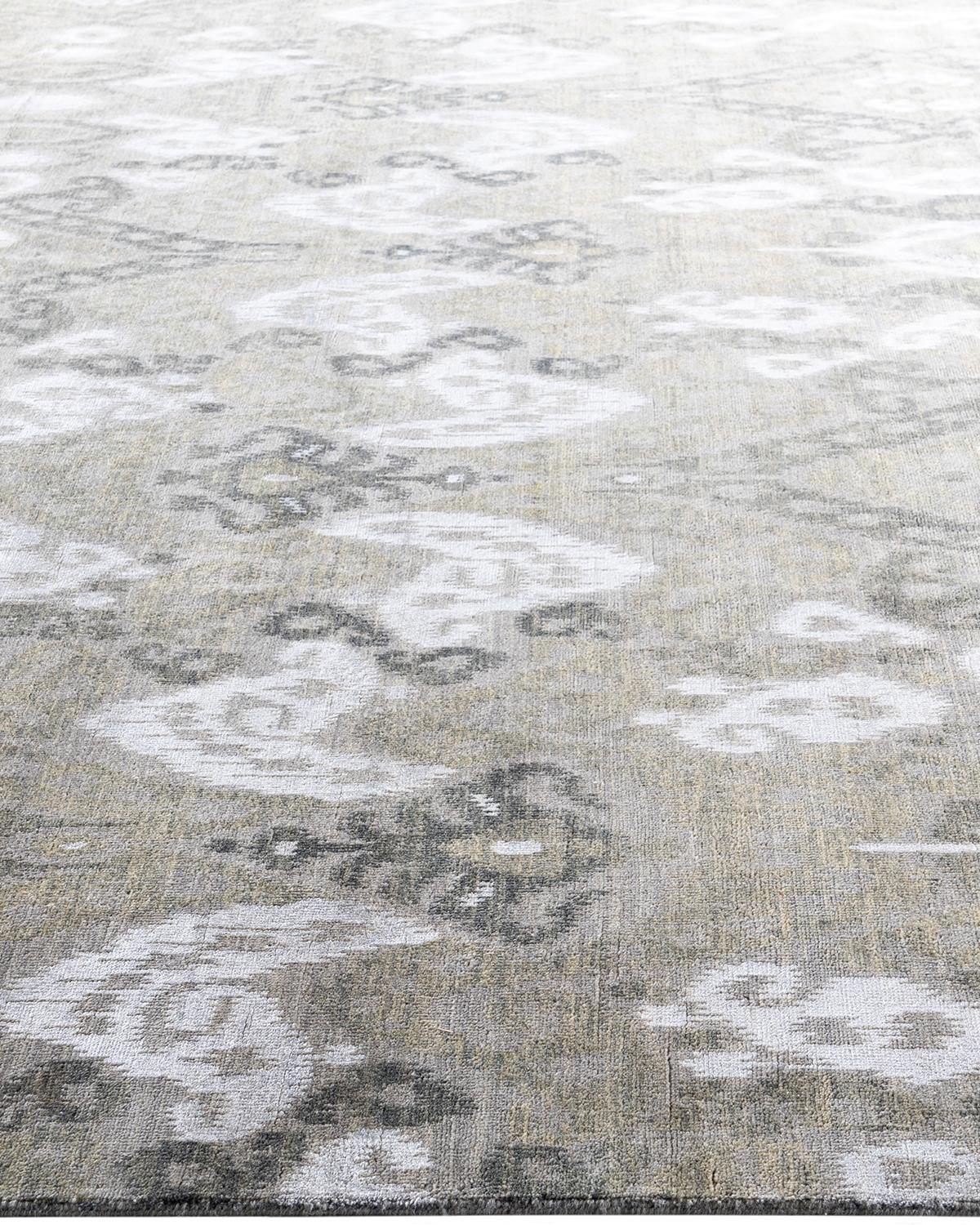 Traditioneller handgeknüpfter abstrakter Ikat-Teppich aus Seide und Wolle in Grau 9' 0