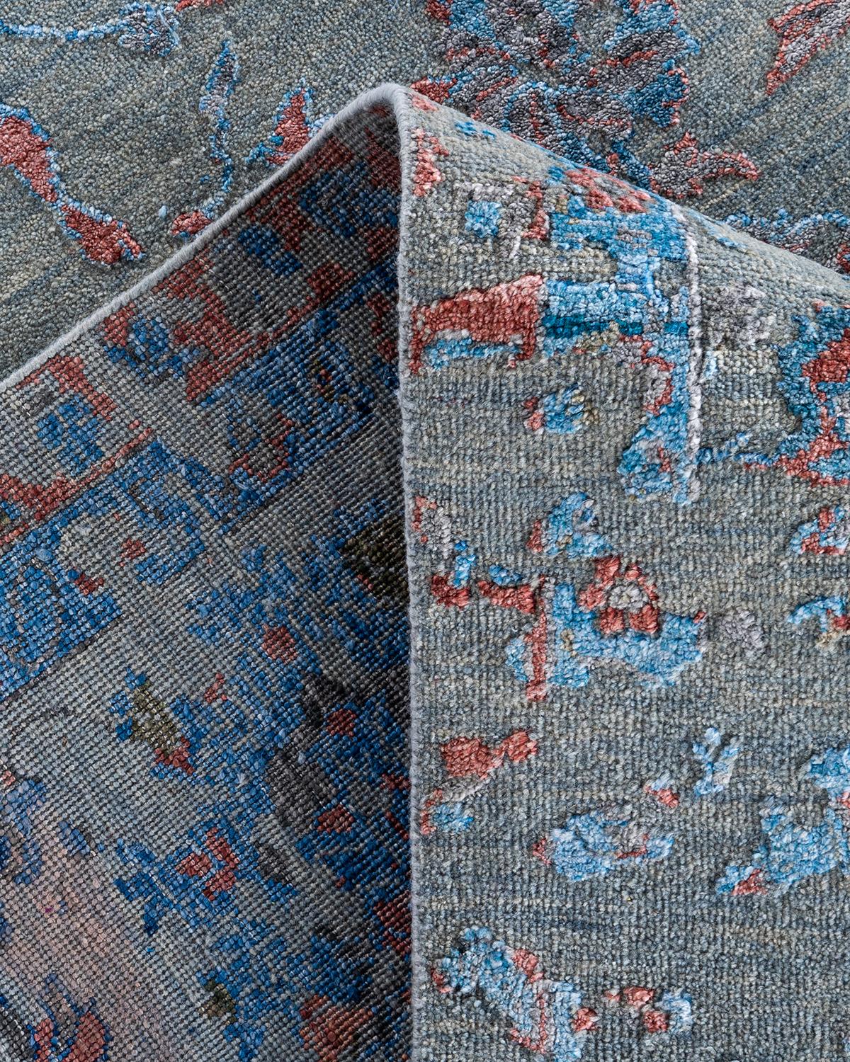XXI secolo e contemporaneo Tappeto tradizionale Ikat annodato a mano in seta e lana grigia 9' 0