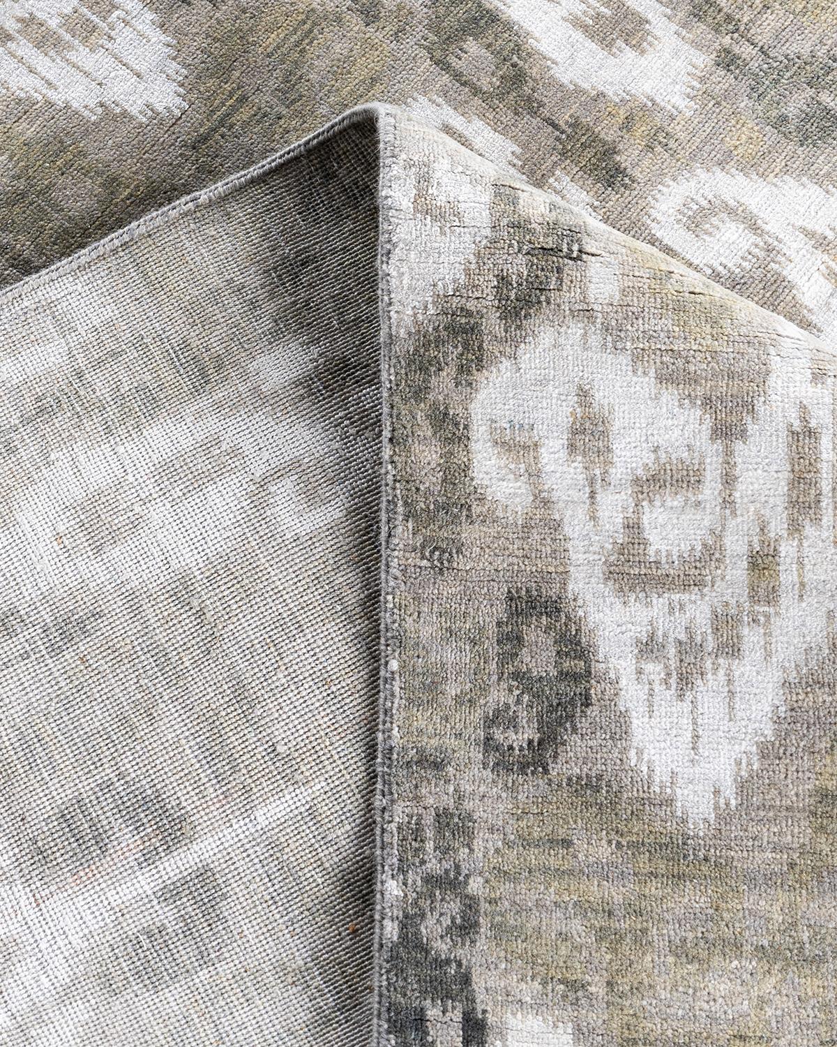 Traditioneller handgeknüpfter abstrakter Ikat-Teppich aus Seide und Wolle in Grau 9' 0