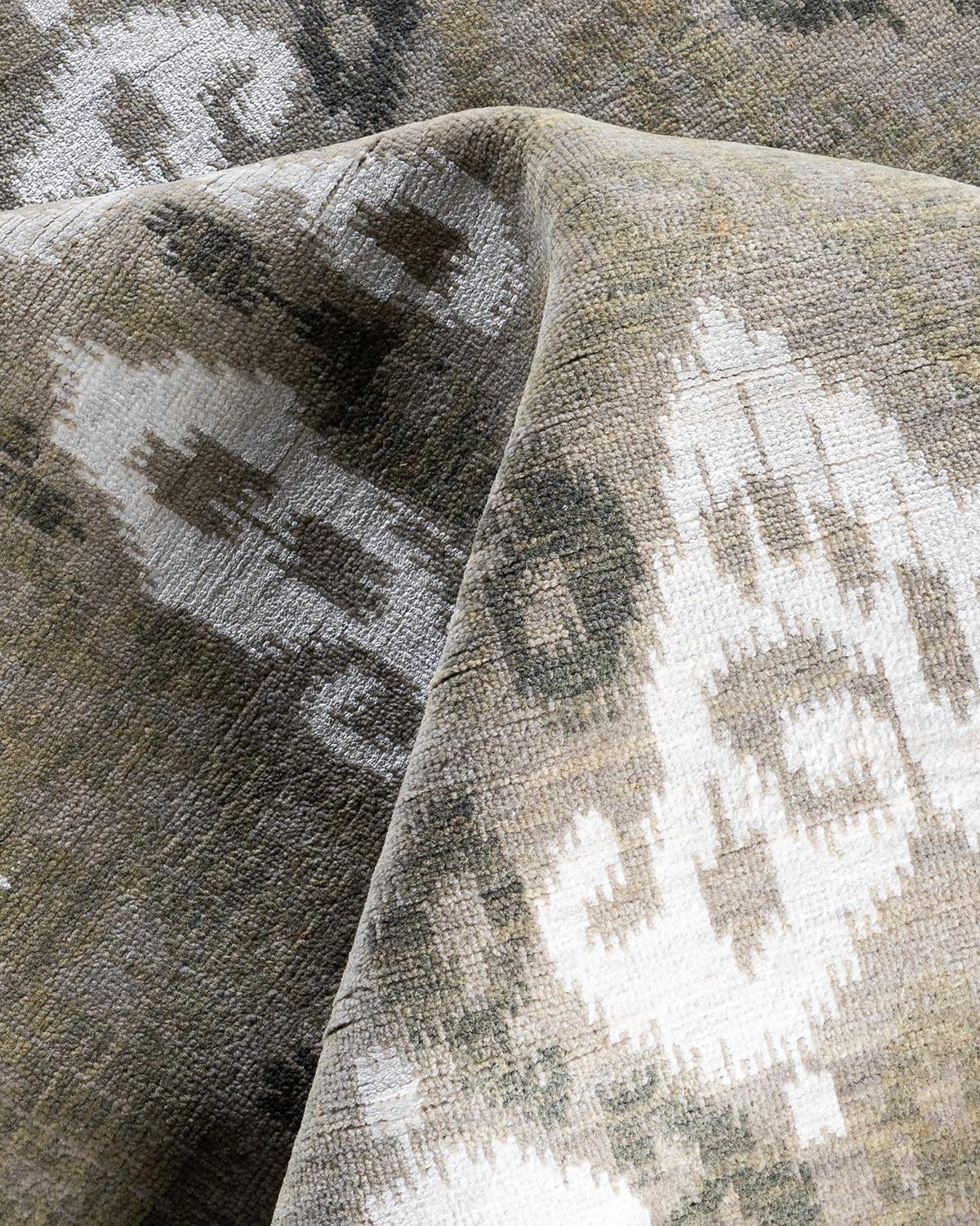 Traditioneller handgeknüpfter abstrakter Ikat-Teppich aus Seide und Wolle in Grau 9' 0