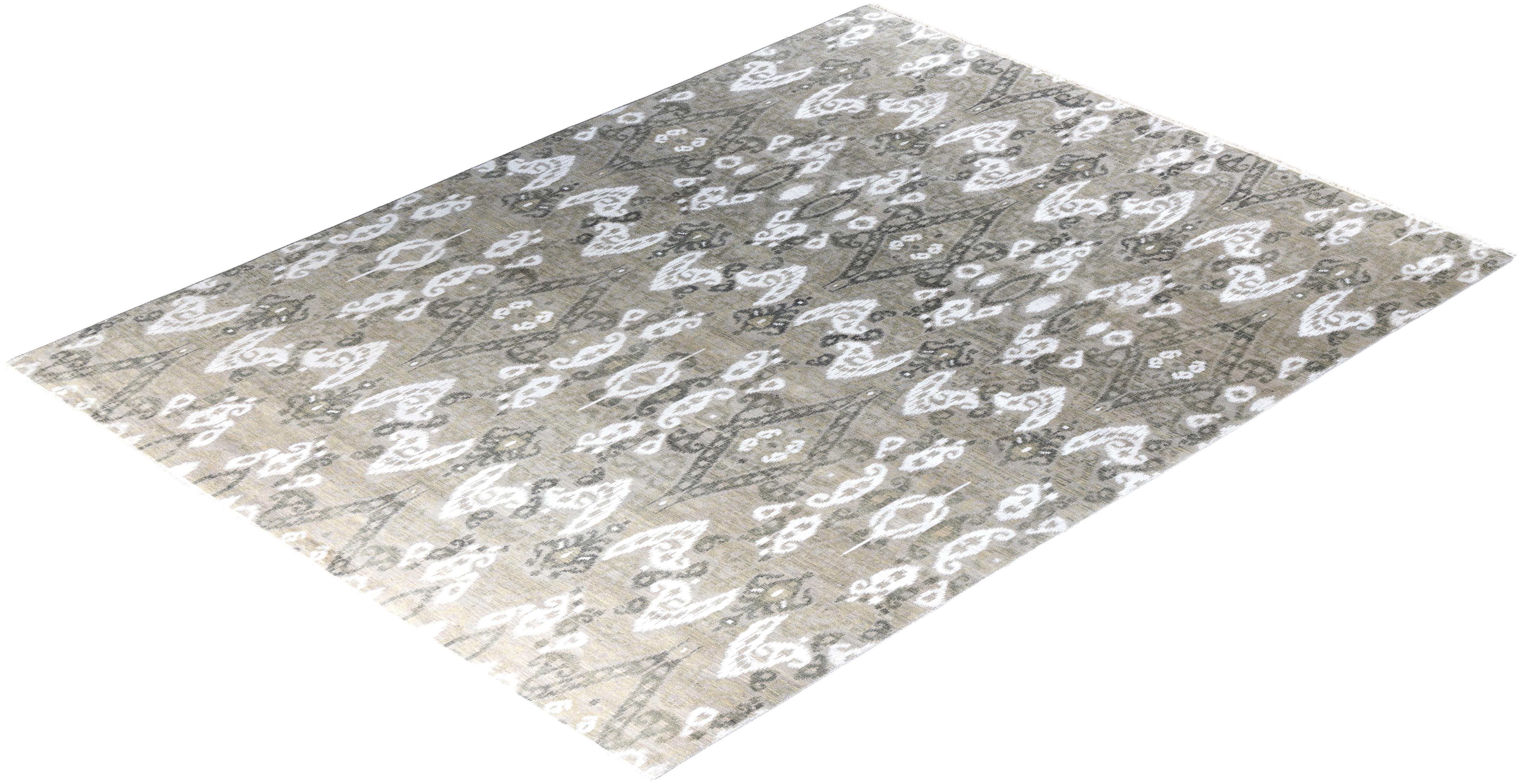 Traditioneller handgeknüpfter abstrakter Ikat-Teppich aus Seide und Wolle in Grau 9' 0