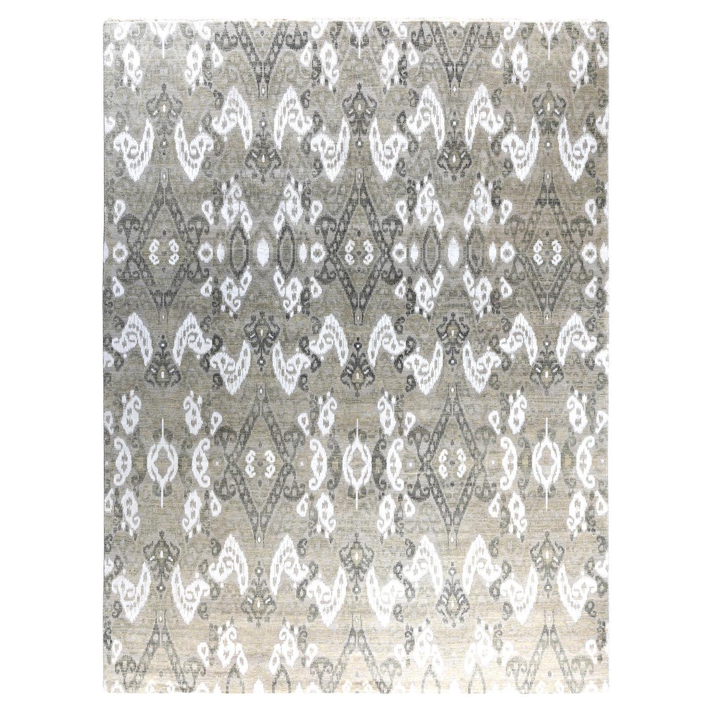 Tappeto tradizionale Ikat annodato a mano in seta e lana grigia 9' 0" x 12' 1"
