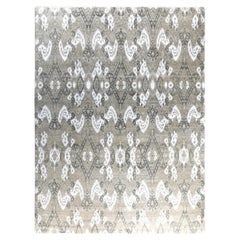 Traditioneller handgeknüpfter abstrakter Ikat-Teppich aus Seide und Wolle in Grau 9' 0" x 12' 1"
