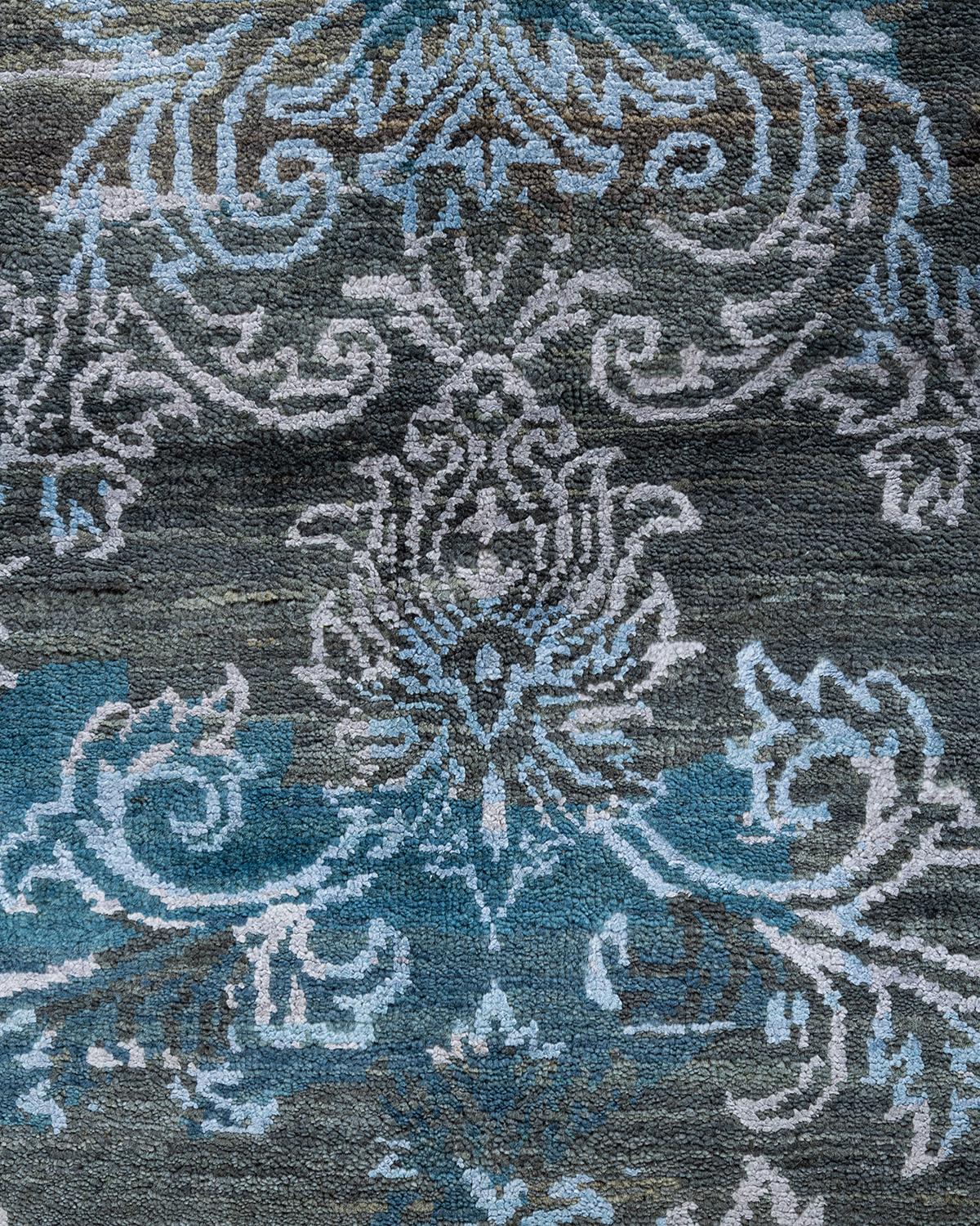 Traditioneller handgeknüpfter abstrakter Ikat-Teppich aus Seide und Wolle in Grau 9' 0