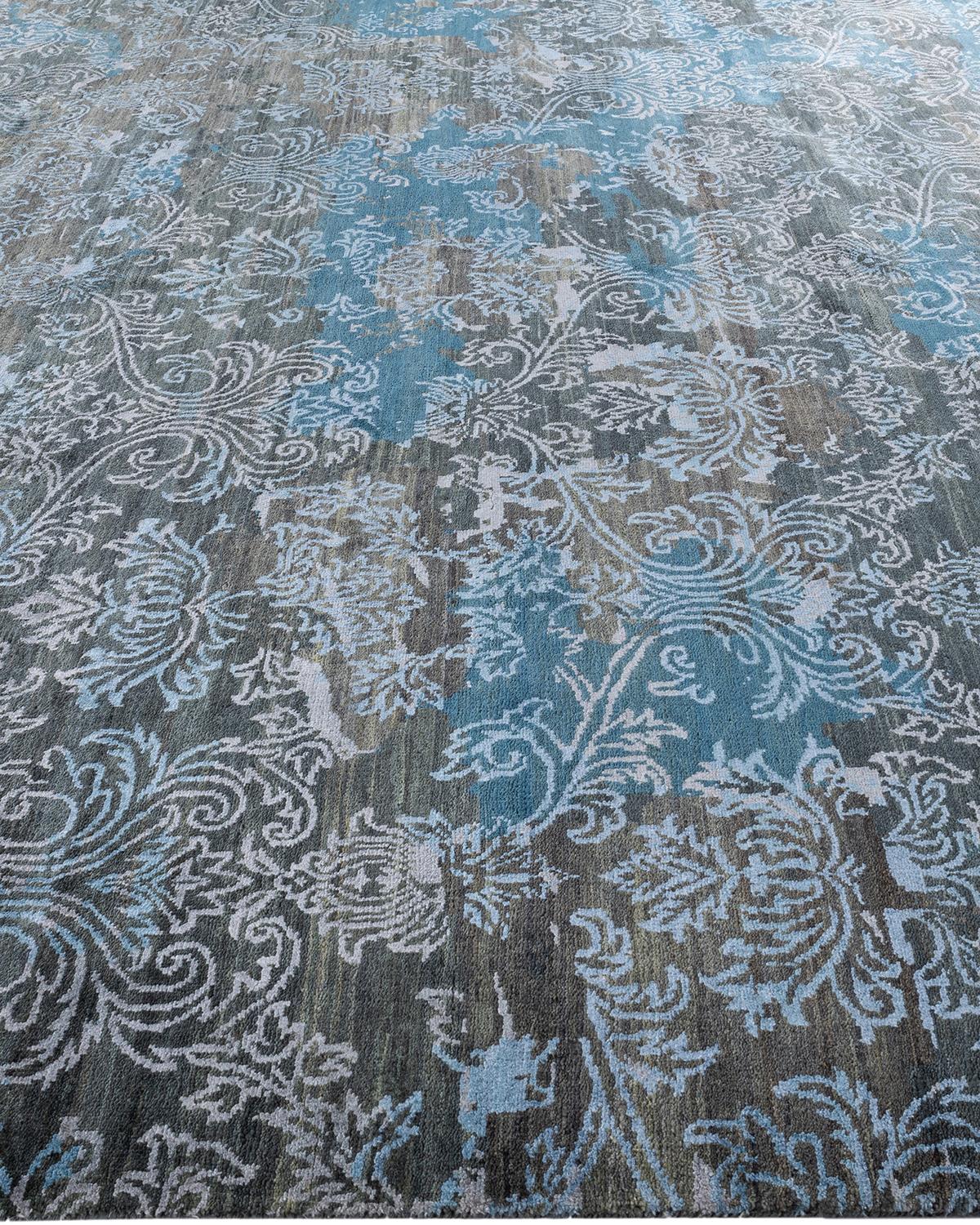 Traditioneller handgeknüpfter abstrakter Ikat-Teppich aus Seide und Wolle in Grau 9' 0