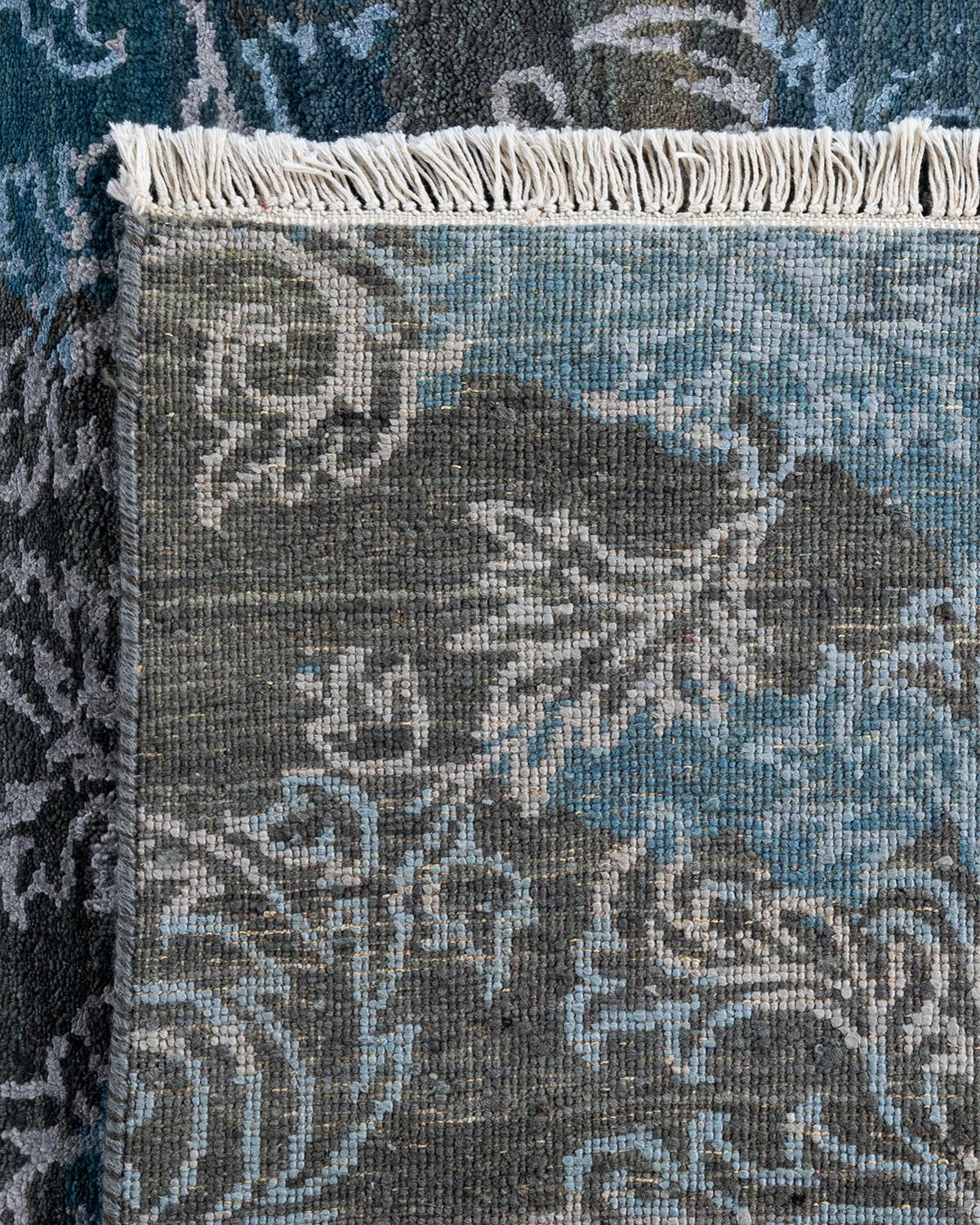 Traditioneller handgeknüpfter abstrakter Ikat-Teppich aus Seide und Wolle in Grau 9' 0