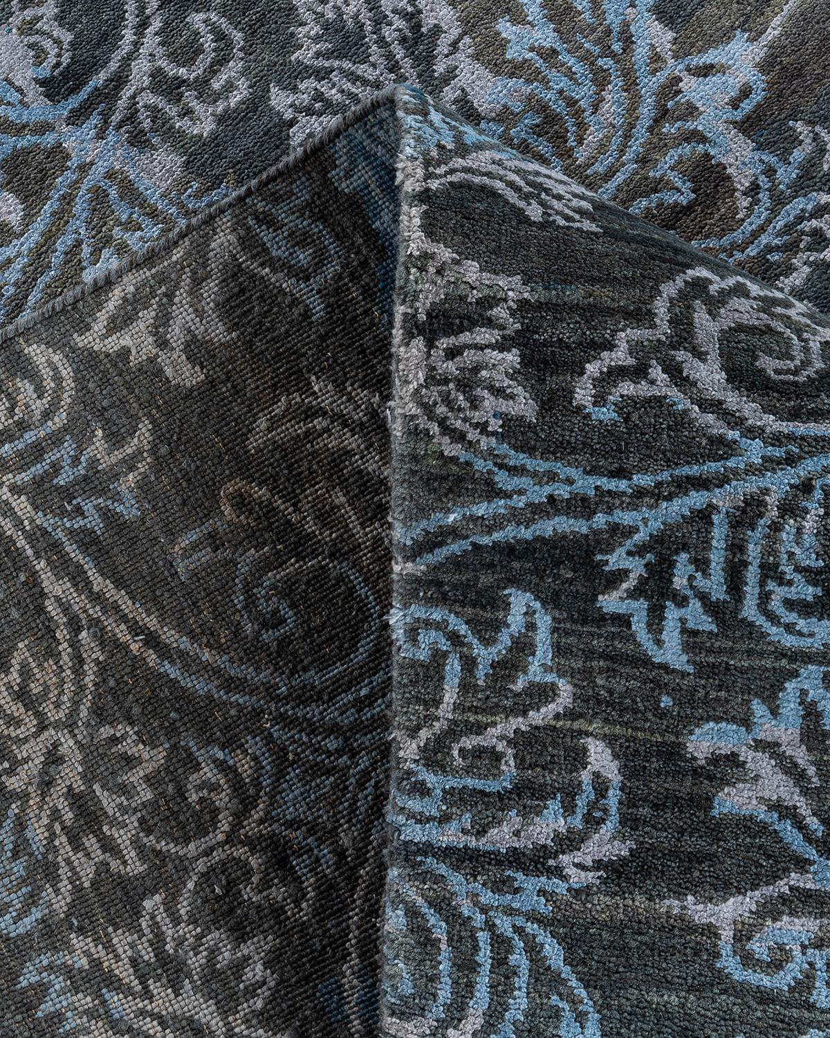 Traditioneller handgeknüpfter abstrakter Ikat-Teppich aus Seide und Wolle in Grau 9' 0