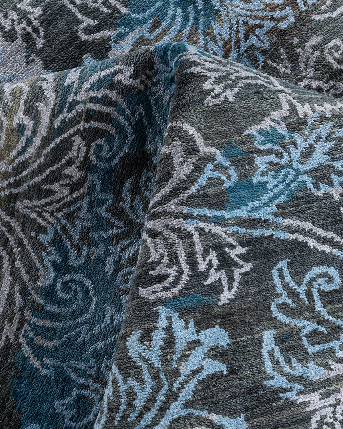 Traditioneller handgeknüpfter abstrakter Ikat-Teppich aus Seide und Wolle in Grau 9' 0