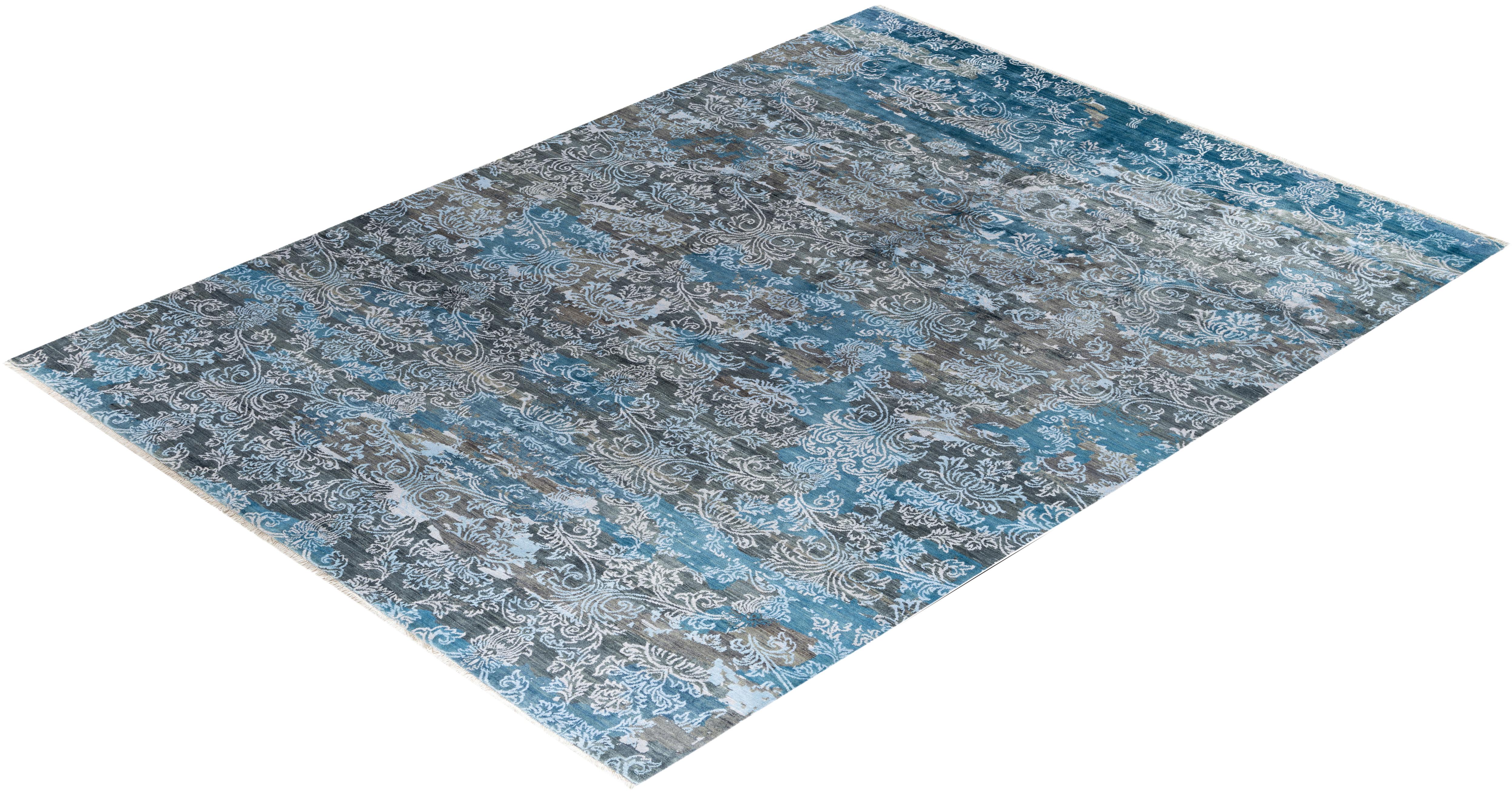 Traditioneller handgeknüpfter abstrakter Ikat-Teppich aus Seide und Wolle in Grau 9' 0