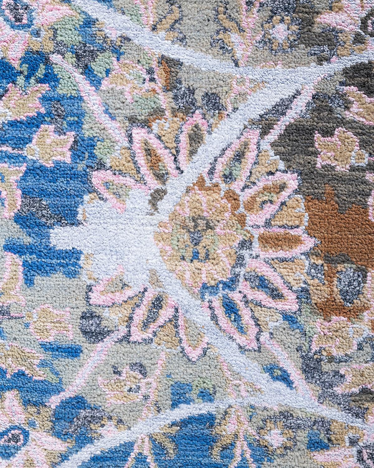 Traditioneller handgeknüpfter abstrakter Ikat-Teppich aus Seide und Wolle in Grau 9' 1