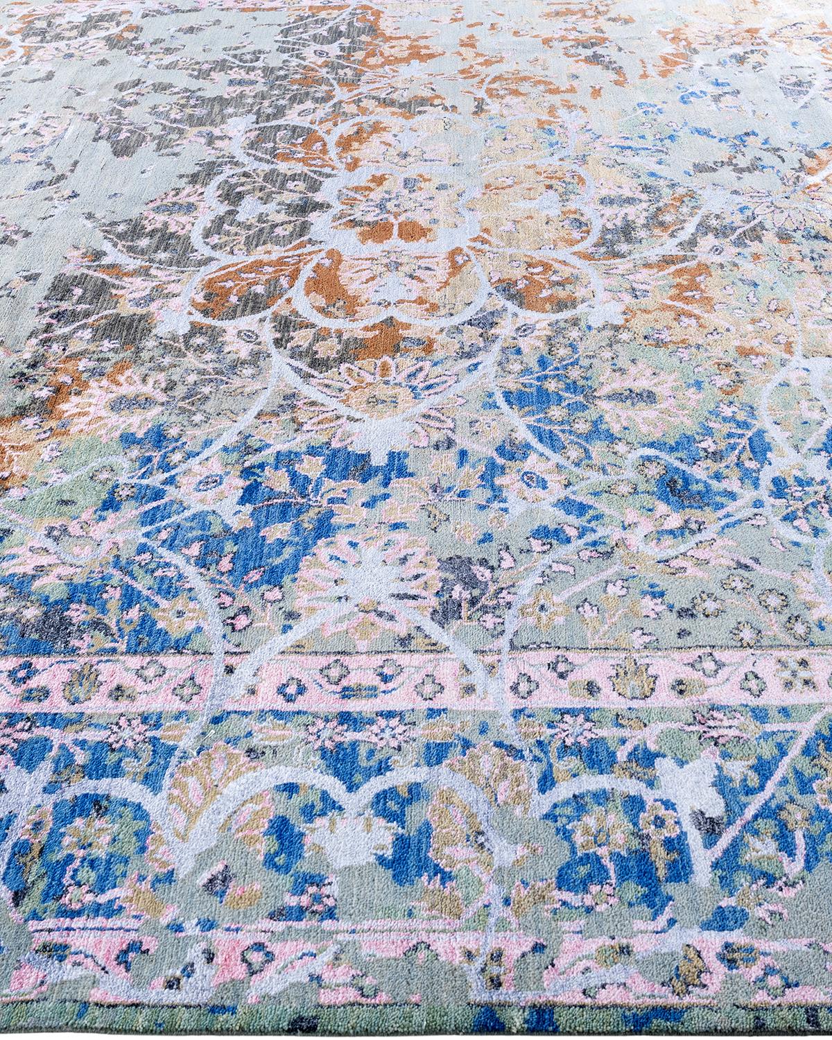 Traditioneller handgeknüpfter abstrakter Ikat-Teppich aus Seide und Wolle in Grau 9' 1