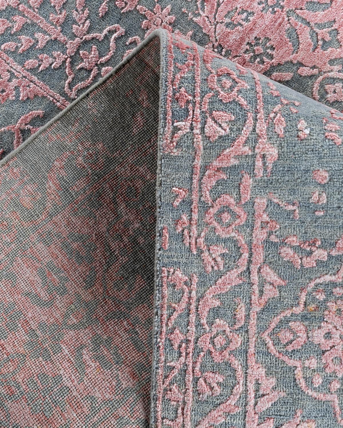 Ikat tradicional Alfombra abstracta anudada a mano de seda y lana Gris 9' 1