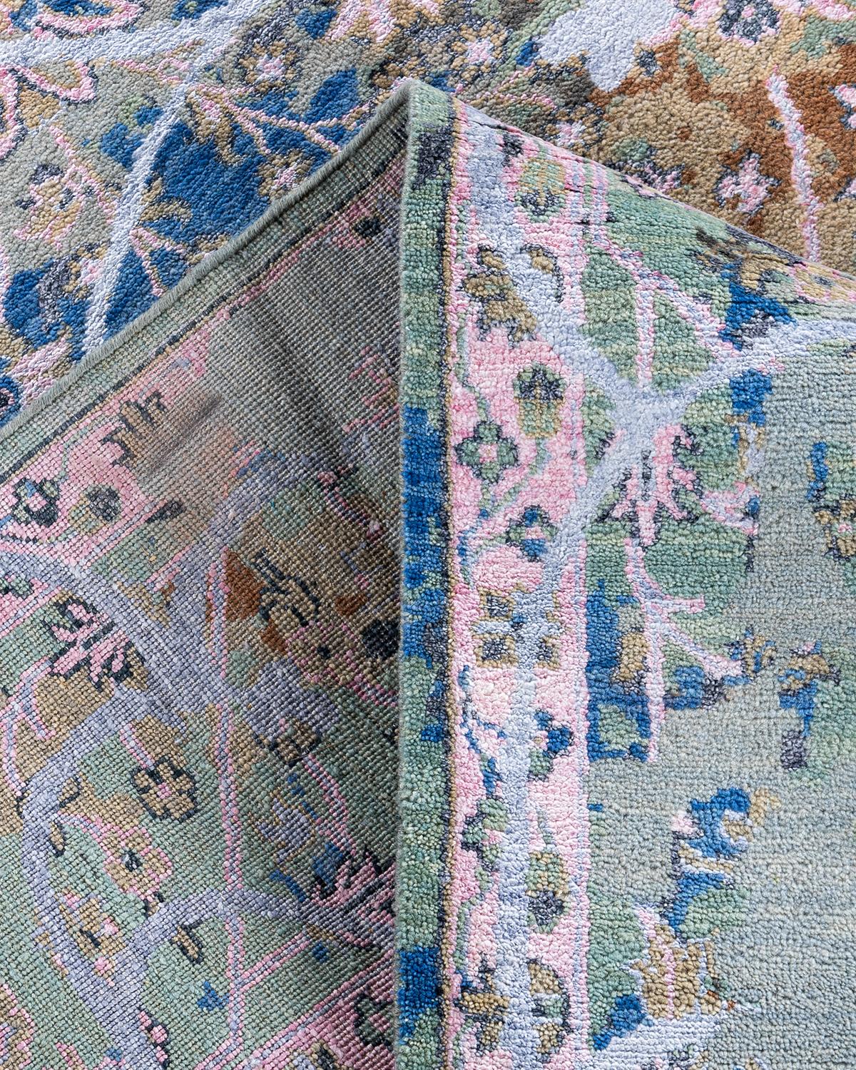 Traditioneller handgeknüpfter abstrakter Ikat-Teppich aus Seide und Wolle in Grau 9' 1