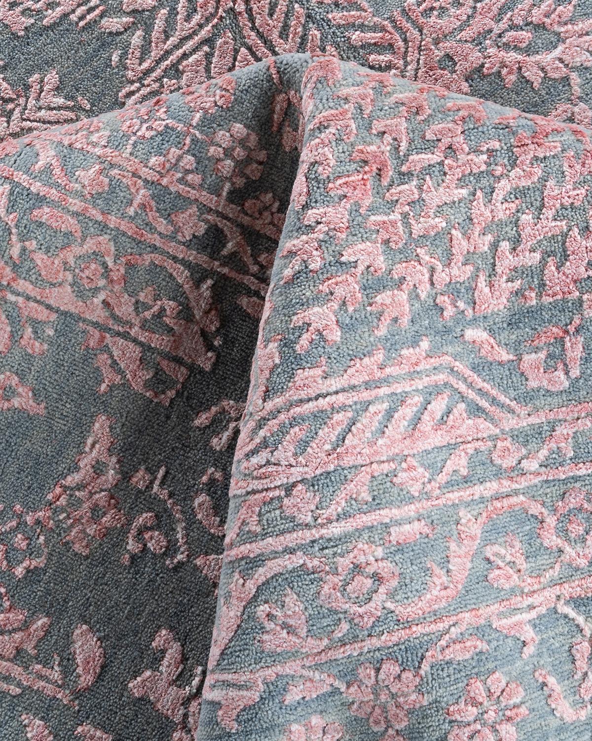 Ikat tradicional Alfombra abstracta anudada a mano de seda y lana Gris 9' 1