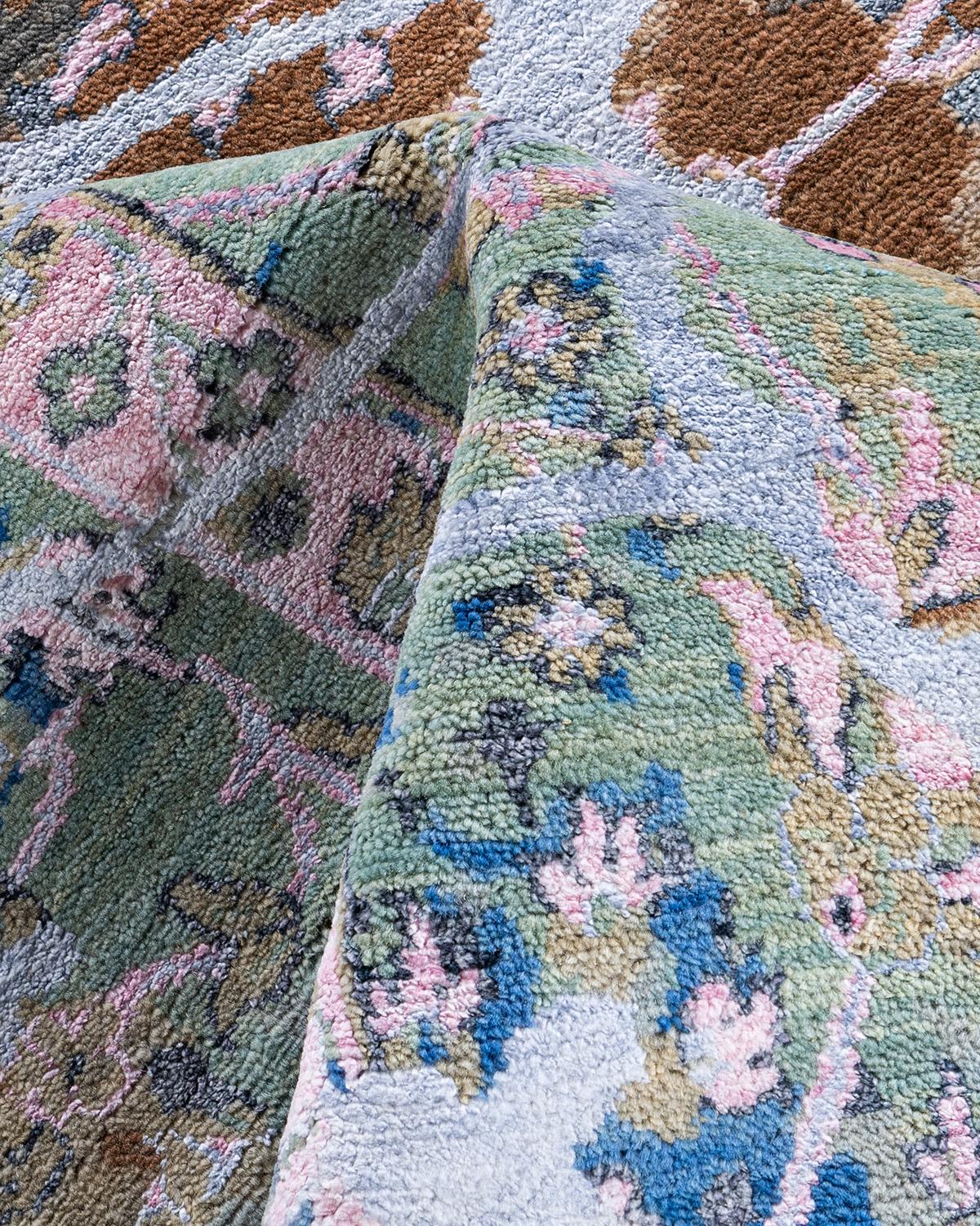 Traditioneller handgeknüpfter abstrakter Ikat-Teppich aus Seide und Wolle in Grau 9' 1