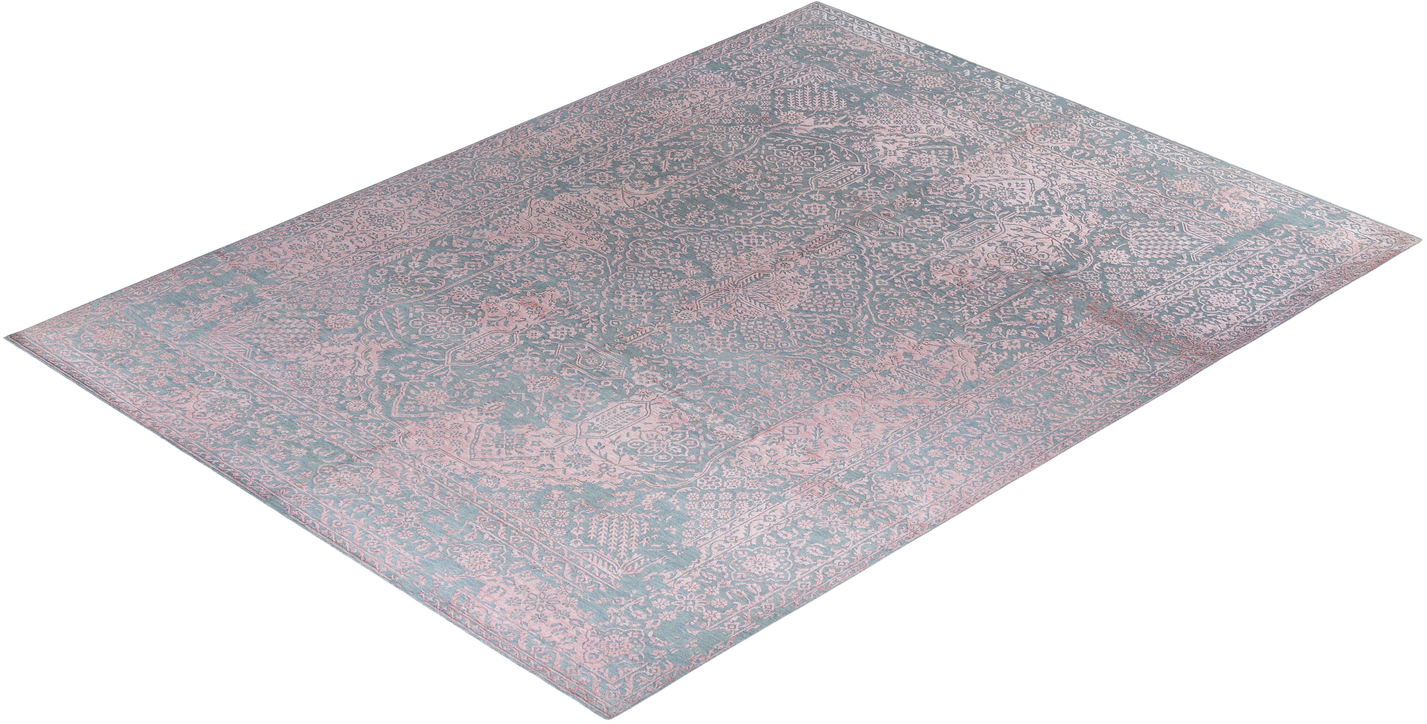 Ikat tradicional Alfombra abstracta anudada a mano de seda y lana Gris 9' 1