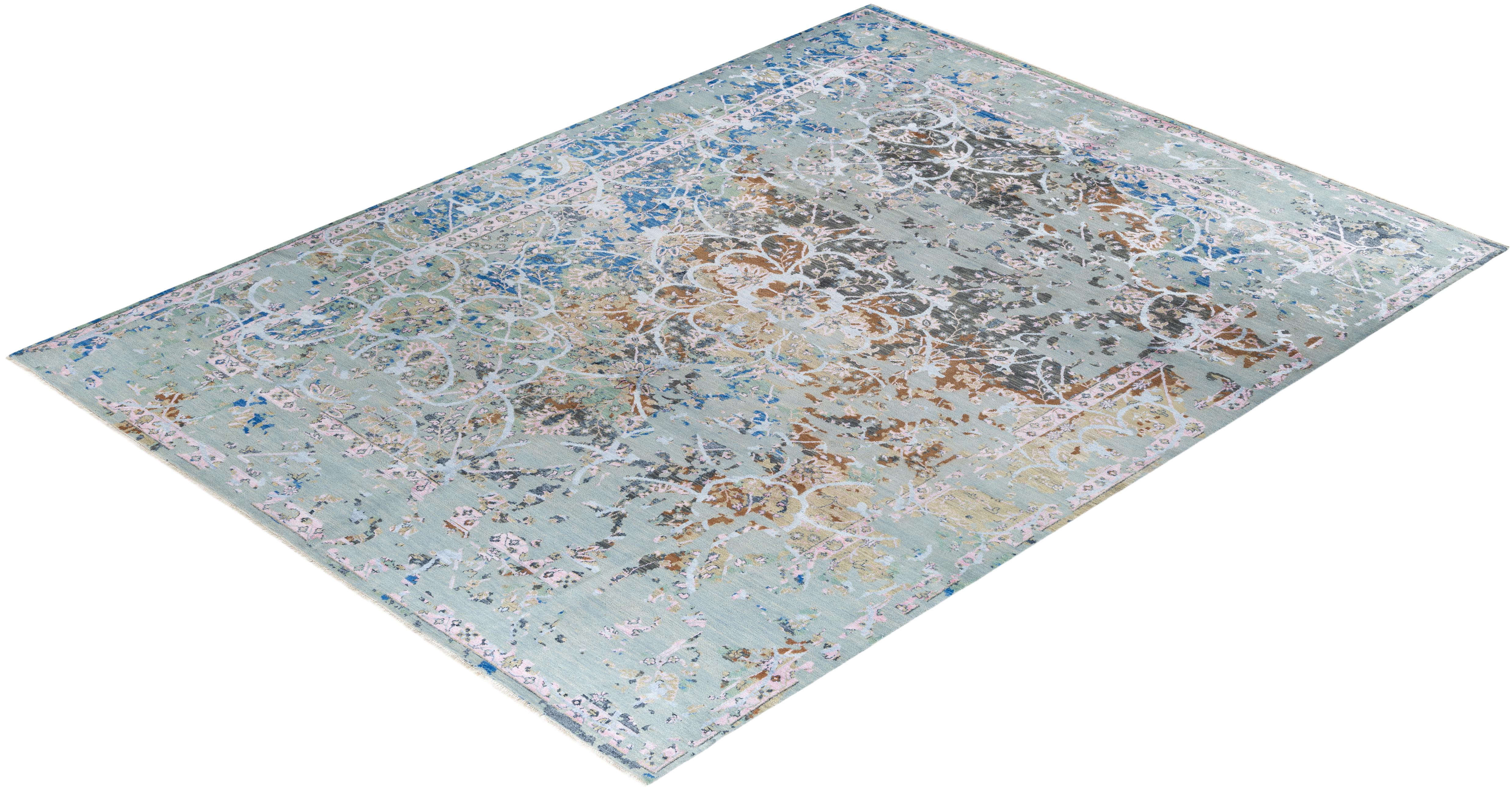 Traditioneller handgeknüpfter abstrakter Ikat-Teppich aus Seide und Wolle in Grau 9' 1