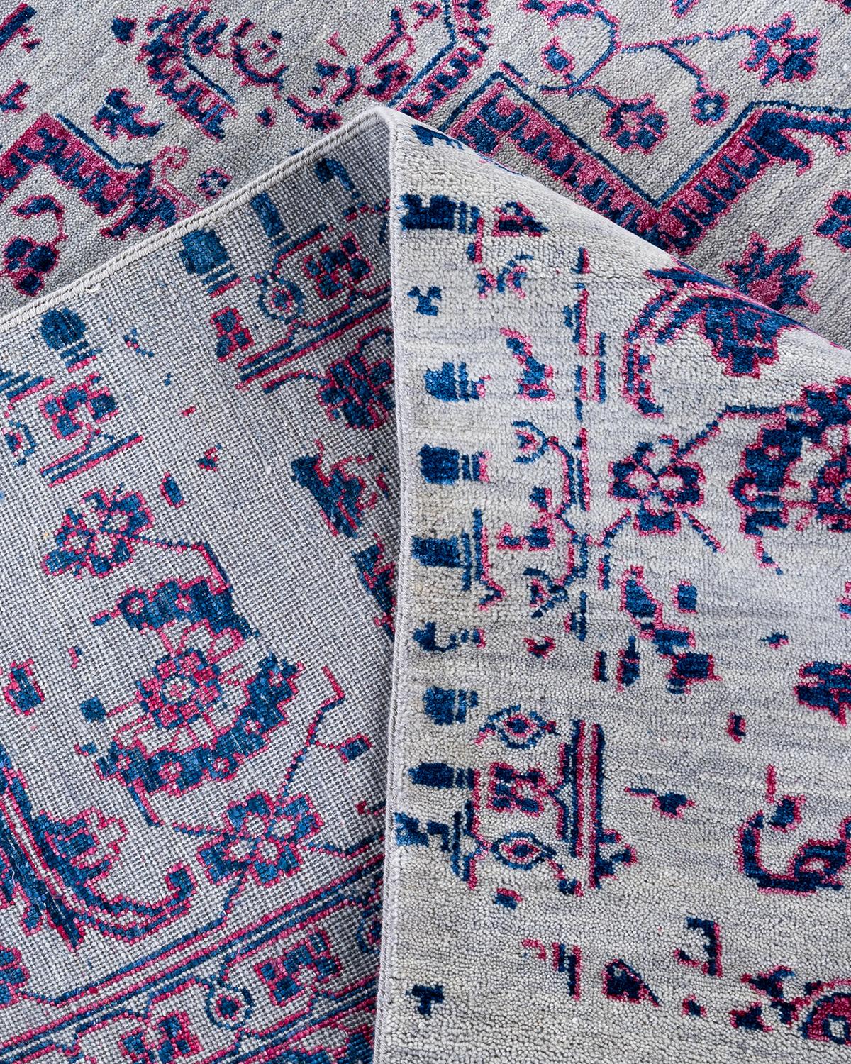 XXI secolo e contemporaneo Tappeto tradizionale Ikat annodato a mano in seta e lana grigia 9' 1
