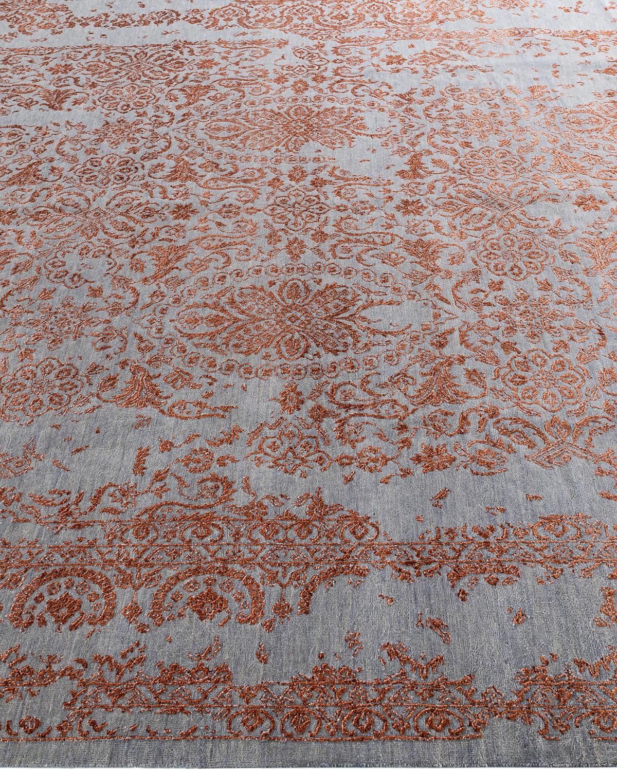Hand-Knotted Traditional Ikat Hand Knotted Abstract Silk & Wool Gray Area Rug 9' 1