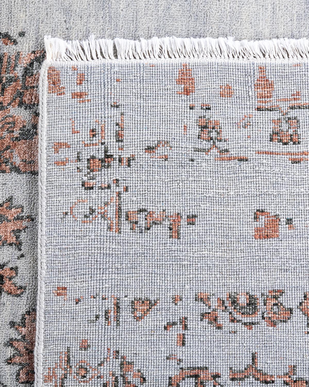 Tapis traditionnel Ikat abstrait noué à la main en soie et laine grise 9' 1