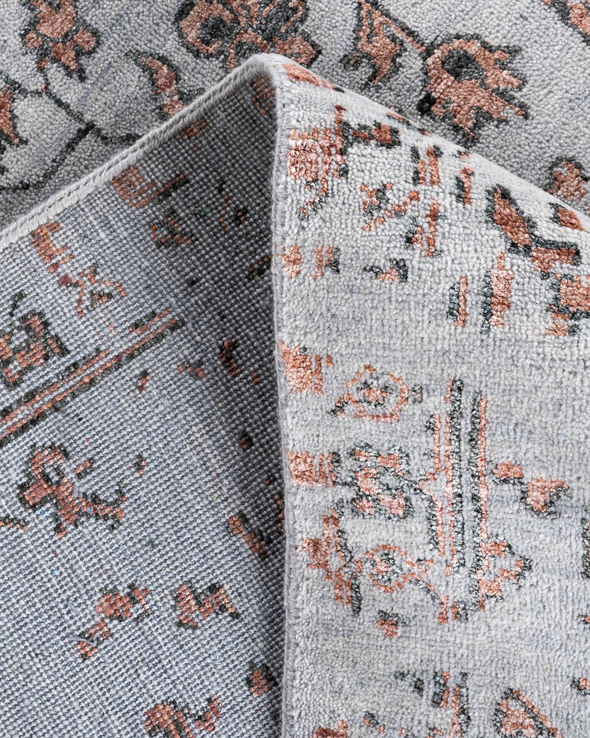 XXIe siècle et contemporain Tapis traditionnel Ikat abstrait noué à la main en soie et laine grise 9' 1