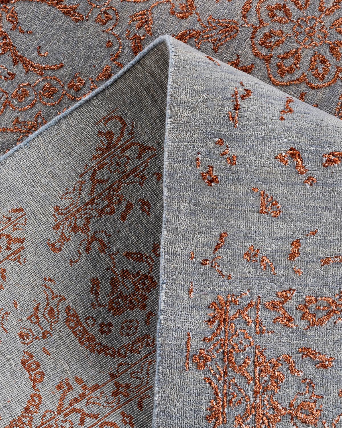 Contemporary Traditional Ikat Hand Knotted Abstract Silk & Wool Gray Area Rug 9' 1