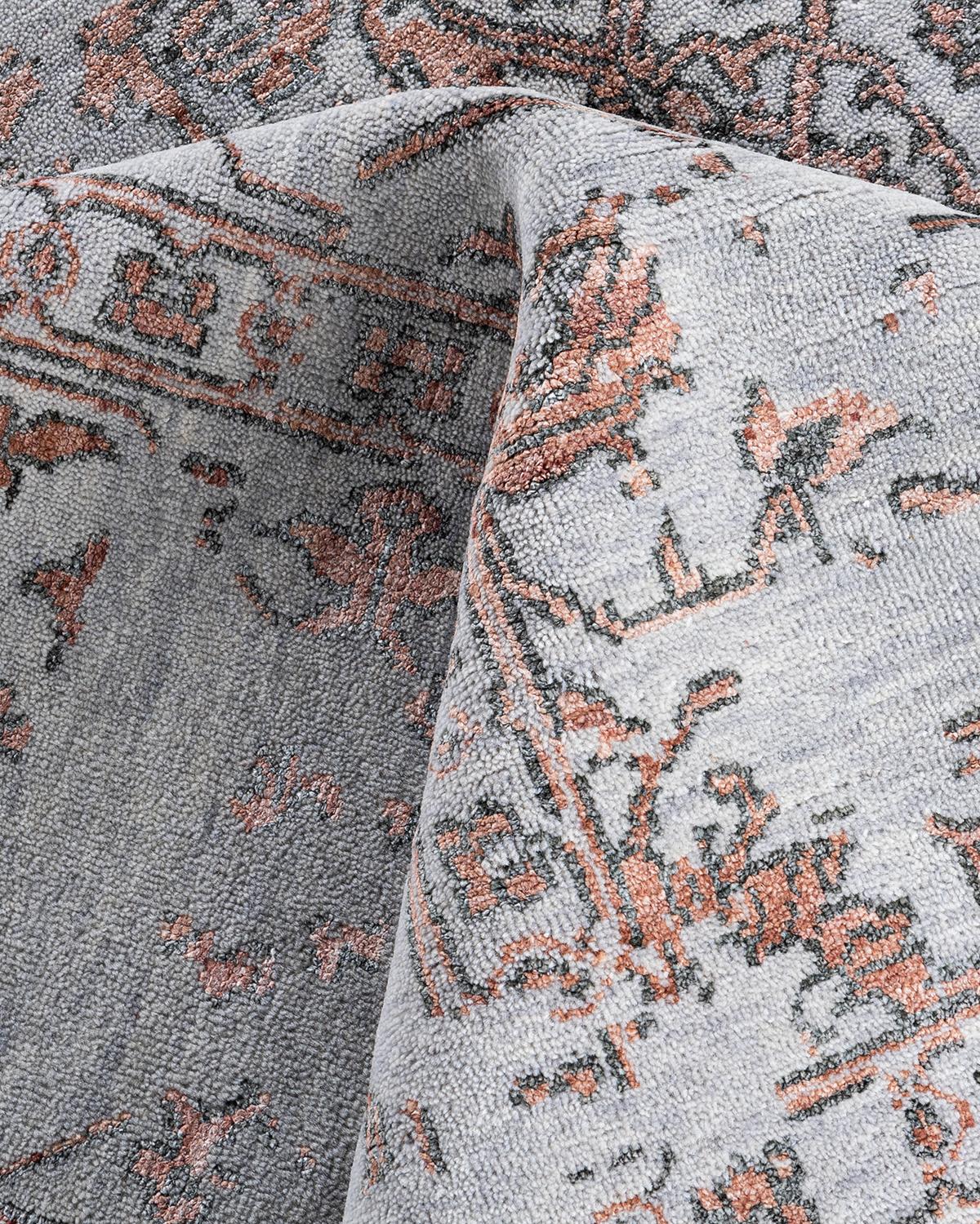 Laine Tapis traditionnel Ikat abstrait noué à la main en soie et laine grise 9' 1