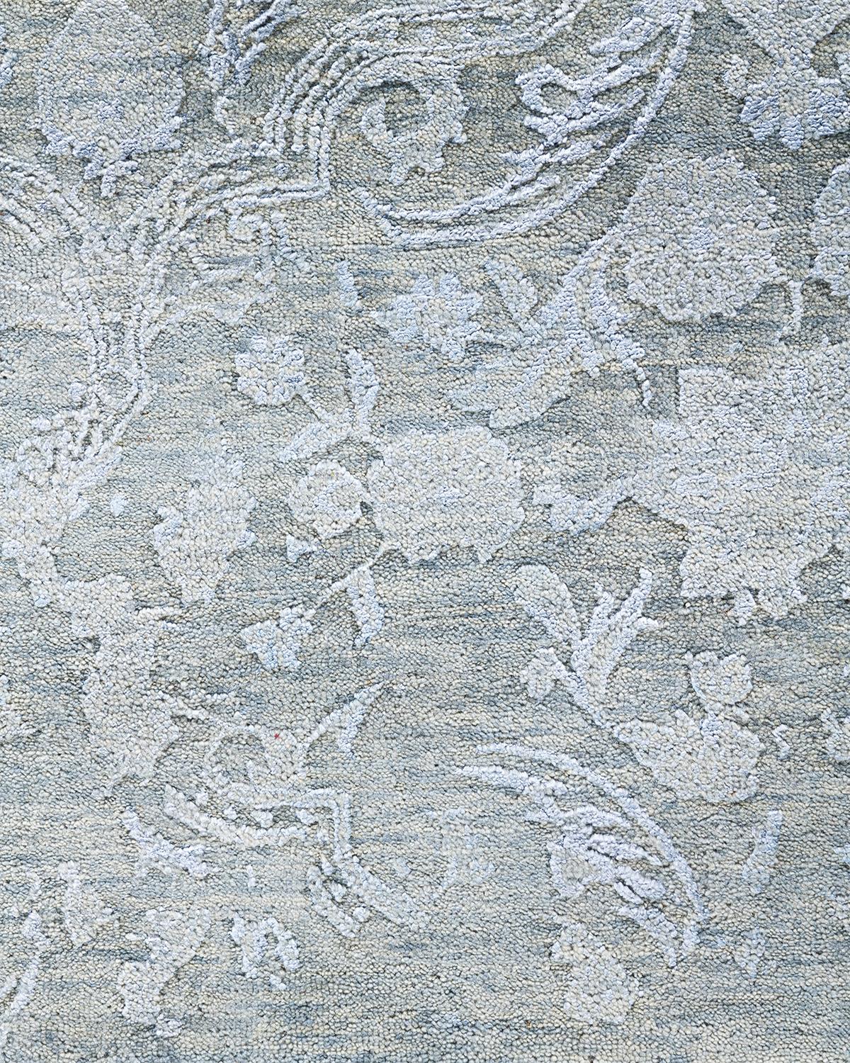 Traditioneller handgeknüpfter abstrakter Ikat-Teppich aus Seide und Wolle in Grau 9' 3