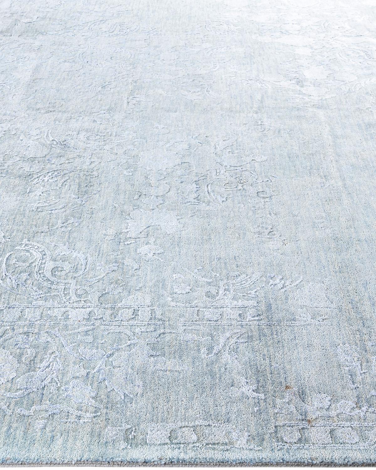 Traditioneller handgeknüpfter abstrakter Ikat-Teppich aus Seide und Wolle in Grau 9' 3