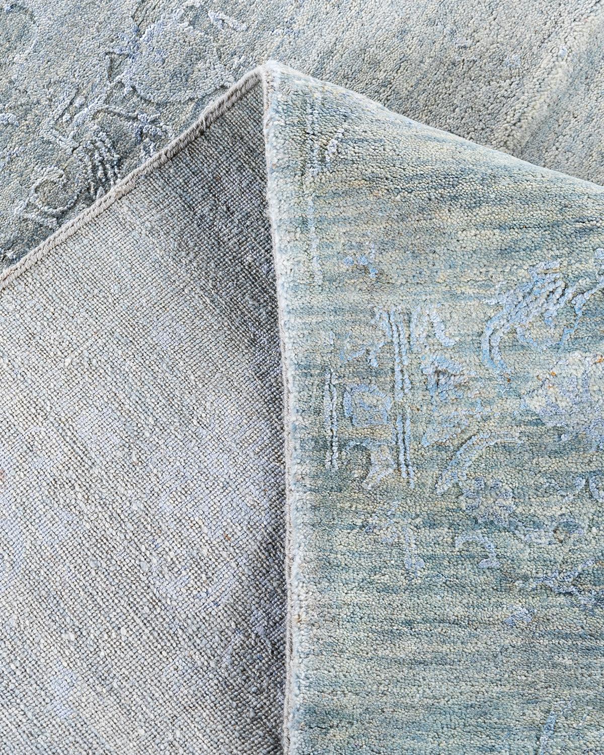 Traditioneller handgeknüpfter abstrakter Ikat-Teppich aus Seide und Wolle in Grau 9' 3