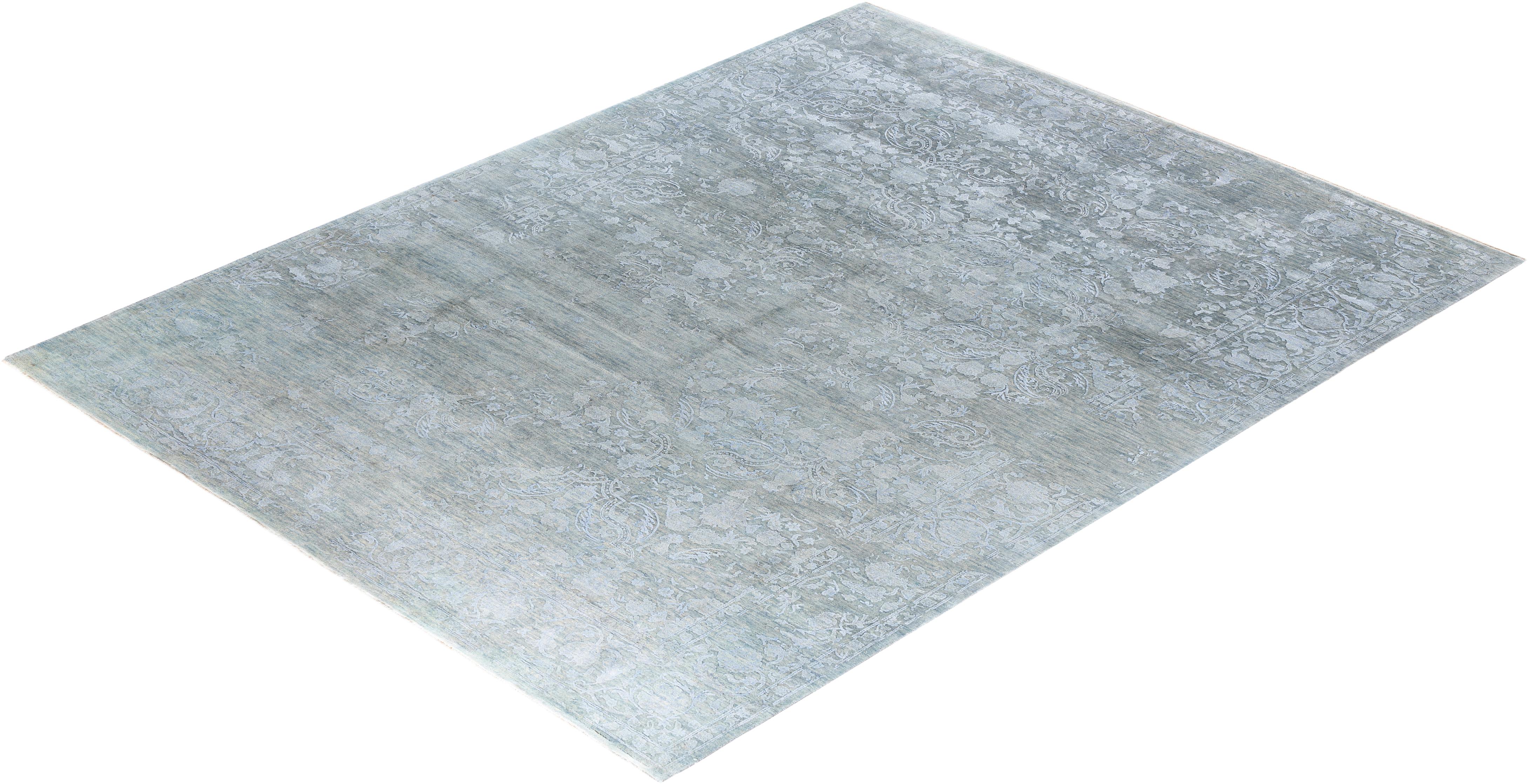 Traditioneller handgeknüpfter abstrakter Ikat-Teppich aus Seide und Wolle in Grau 9' 3