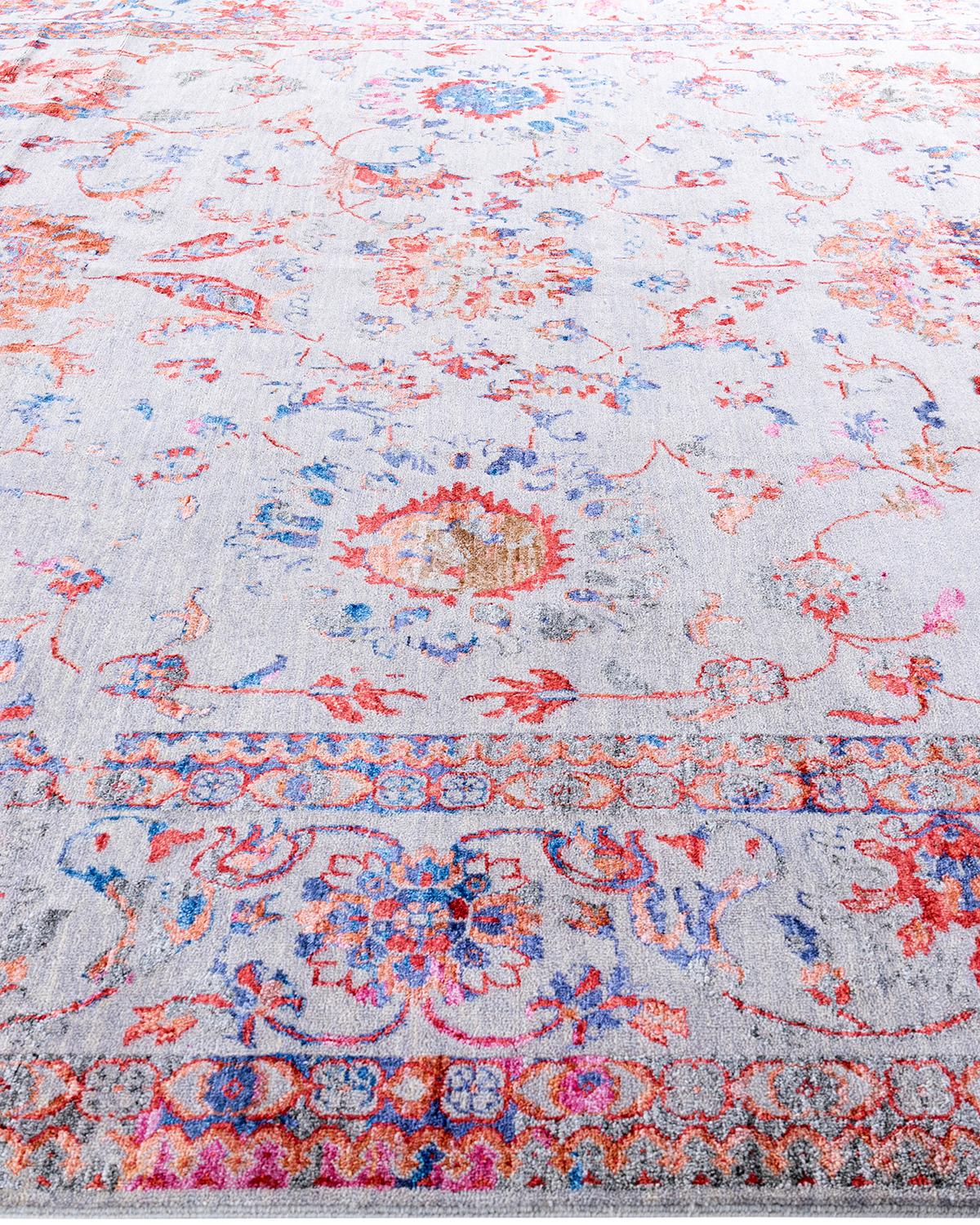 Traditioneller handgeknüpfter abstrakter Ikat-Teppich aus Seide und Wolle in Grau 9' 3