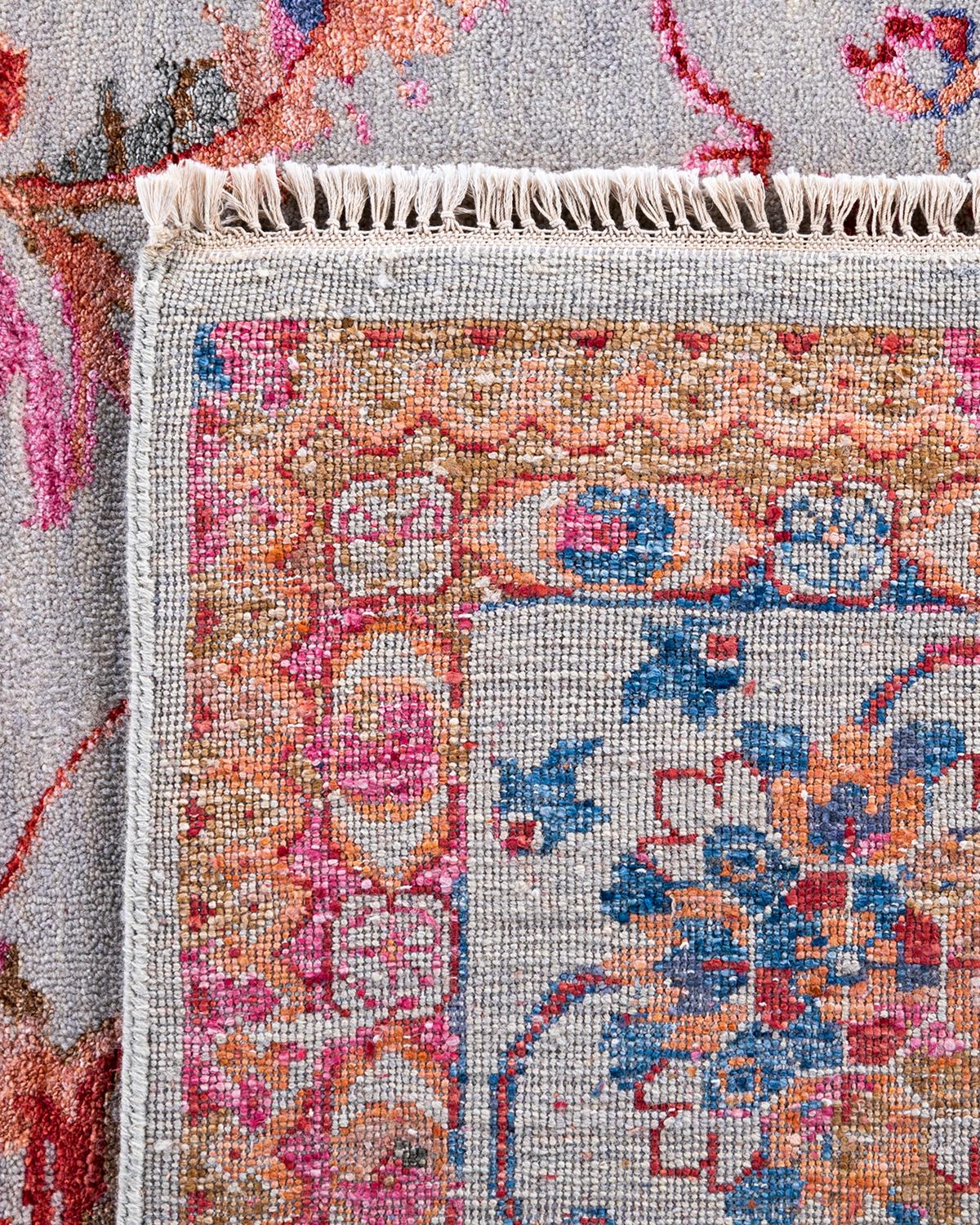Traditioneller handgeknüpfter abstrakter Ikat-Teppich aus Seide und Wolle in Grau 9' 3