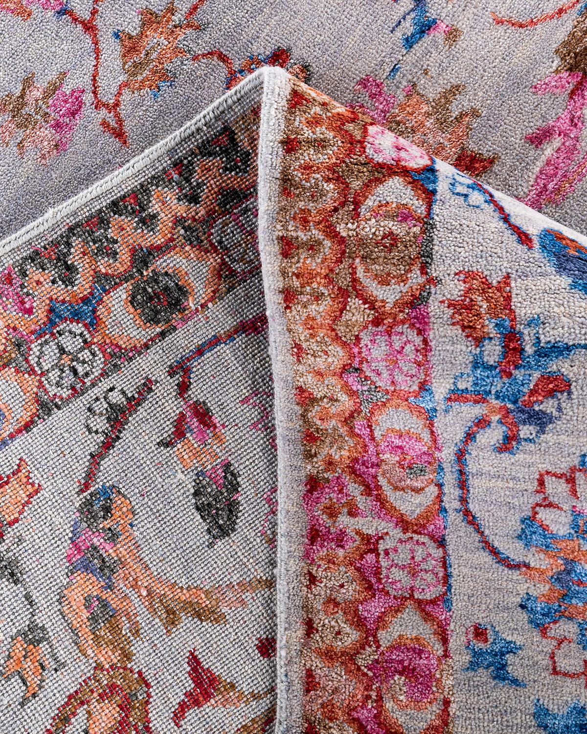 Traditioneller handgeknüpfter abstrakter Ikat-Teppich aus Seide und Wolle in Grau 9' 3