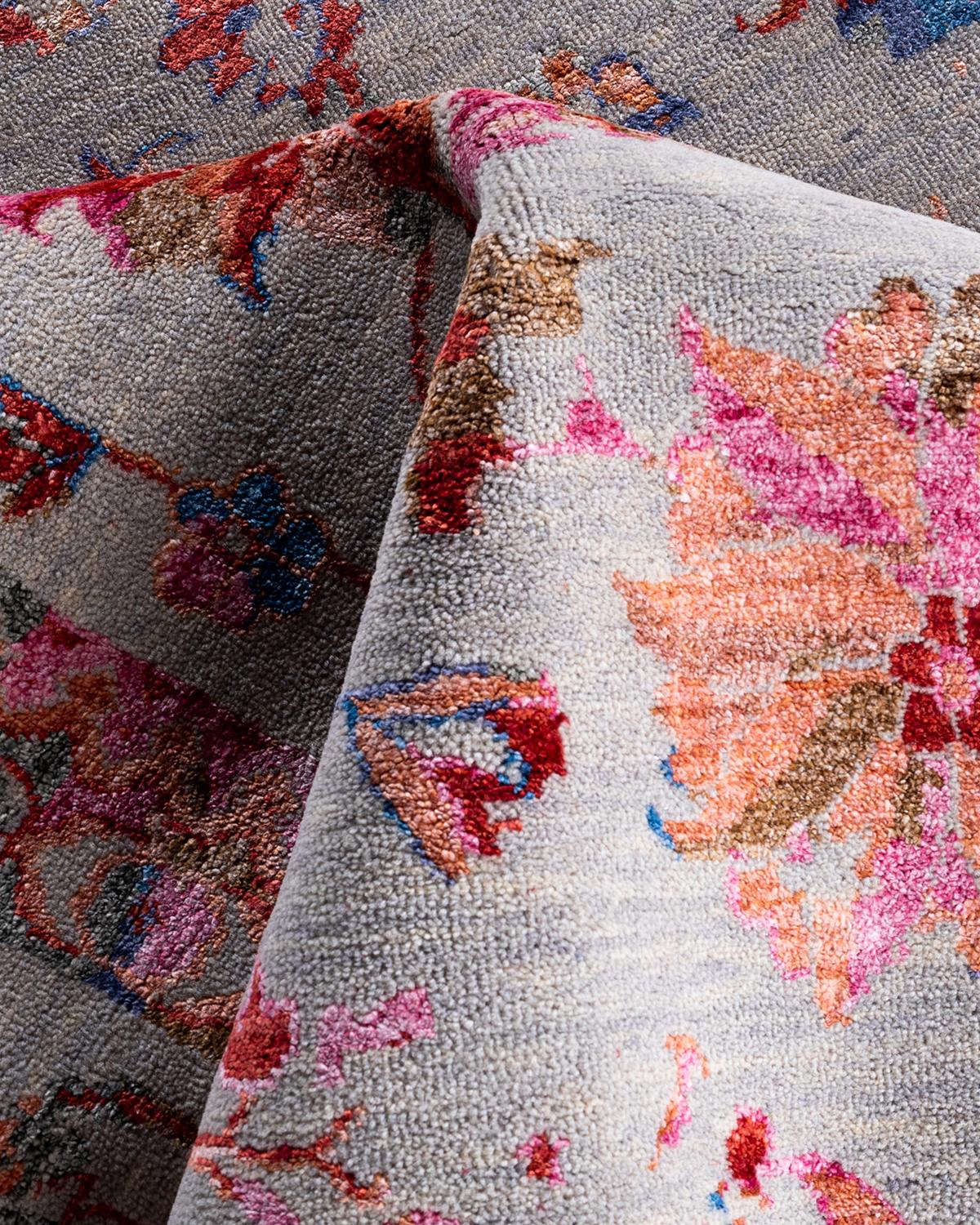 Traditioneller handgeknüpfter abstrakter Ikat-Teppich aus Seide und Wolle in Grau 9' 3
