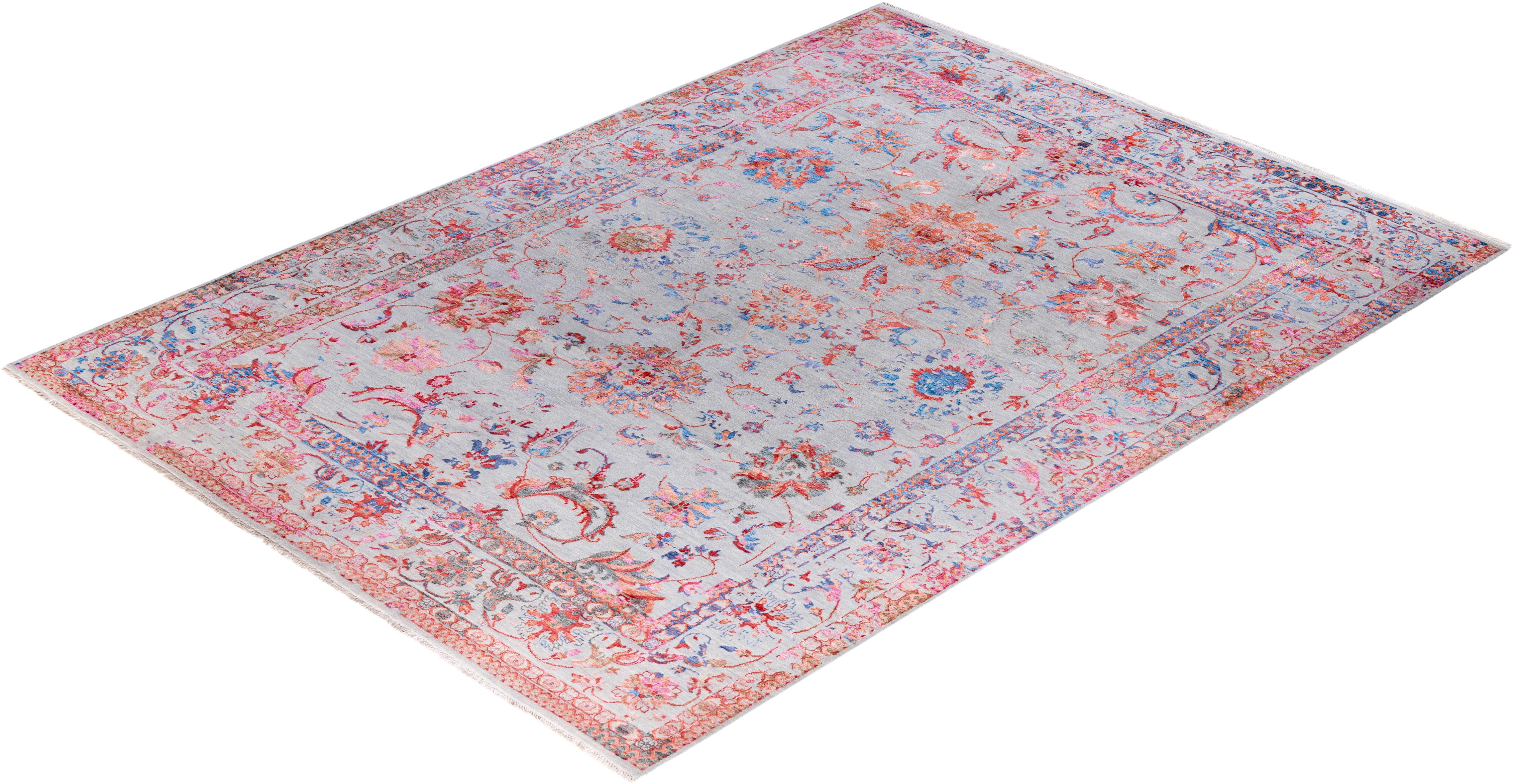 Traditioneller handgeknüpfter abstrakter Ikat-Teppich aus Seide und Wolle in Grau 9' 3
