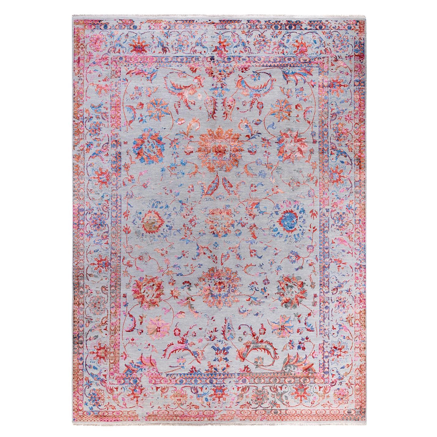 Traditional Ikat Hand Knotted Abstract Silk & Wool Gray Area Rug 9' 3" x 12' 4"