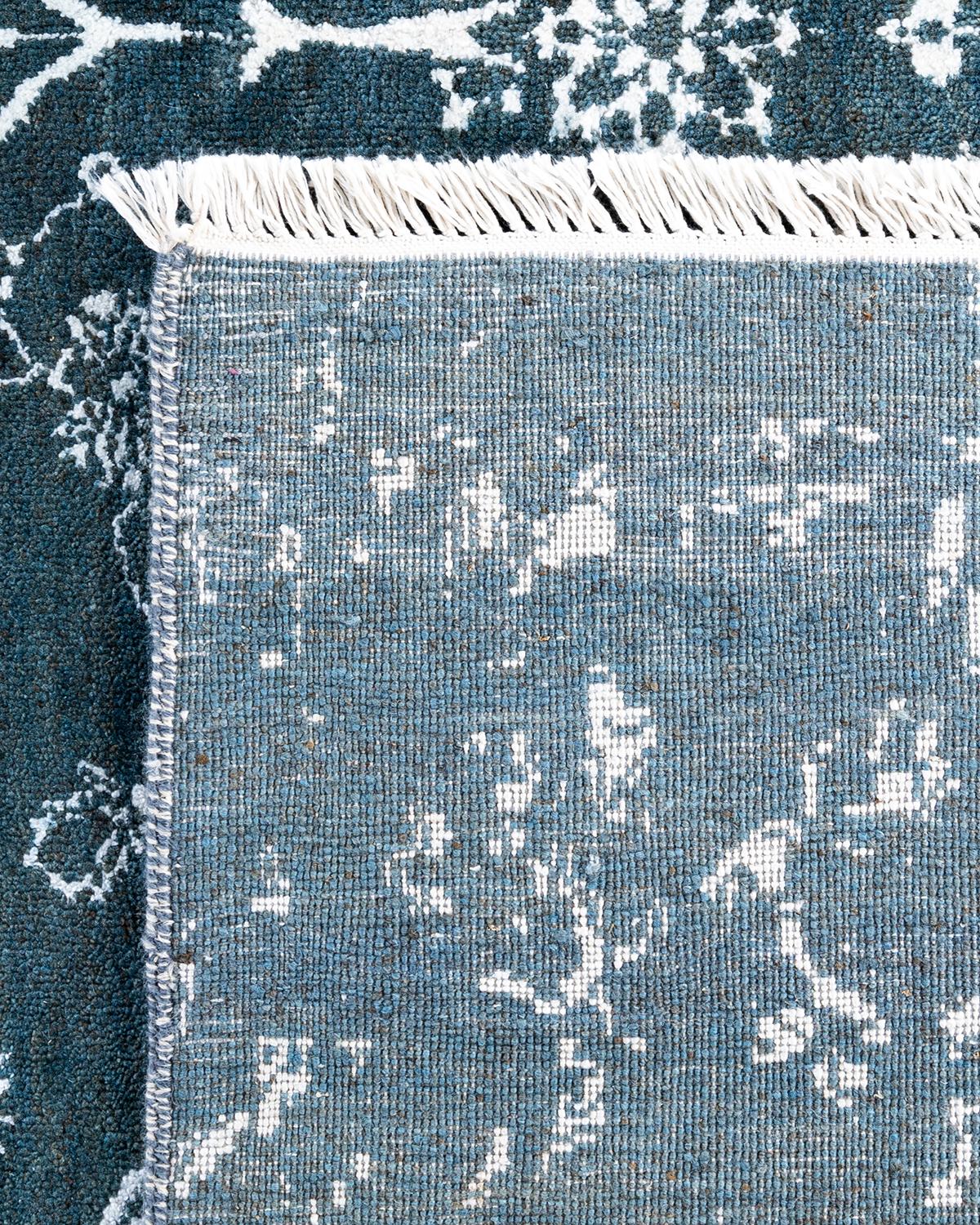 Tappeto tradizionale Ikat annodato a mano in seta e lana verde 7'10