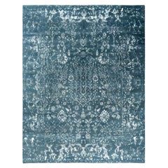 Ikat tradicional Alfombra abstracta anudada a mano de seda y lana verde 7' 10" x 10'3