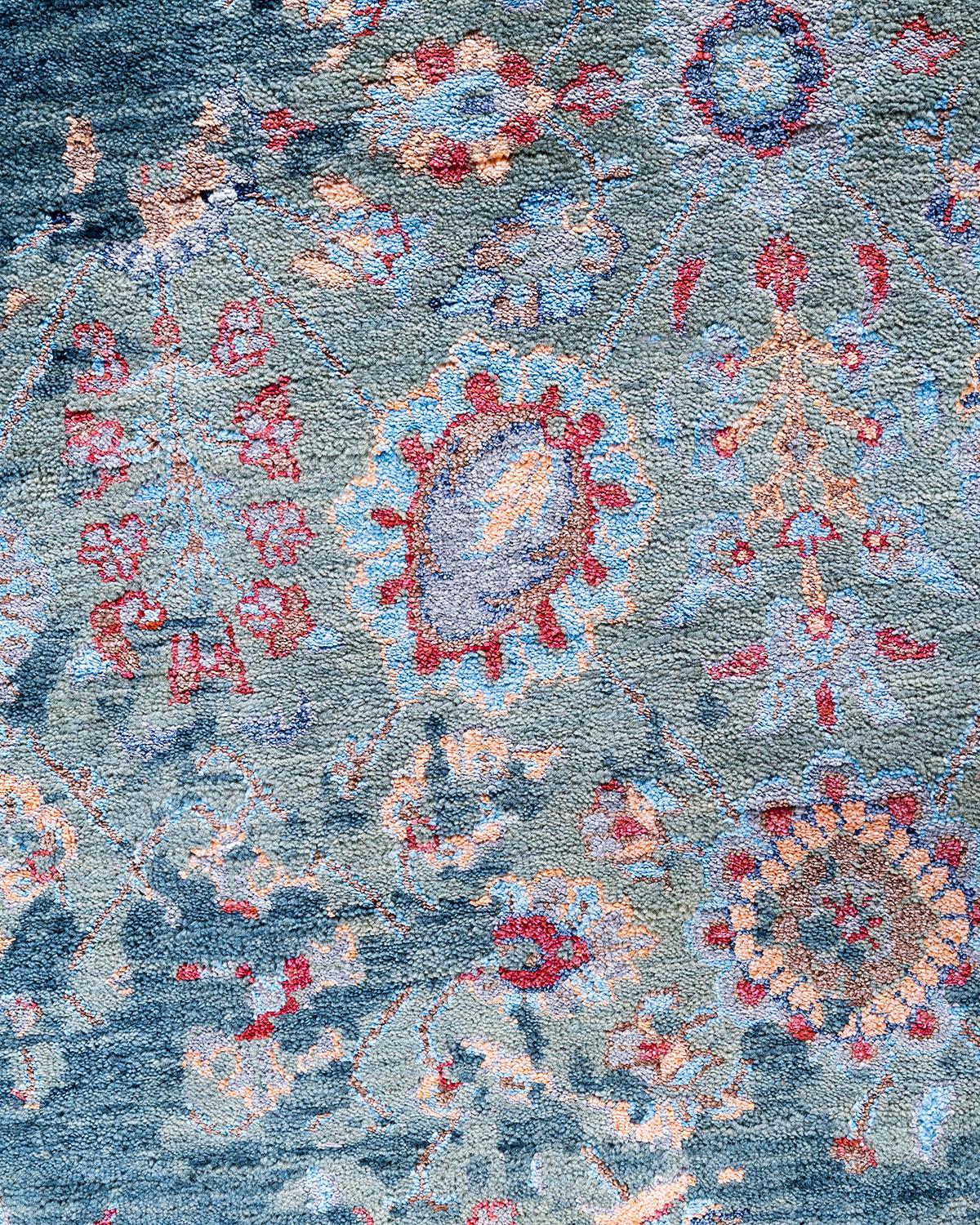 Indian Traditional Ikat Hand Knotted Abstract Silk & Wool Green Area Rug 9' 1